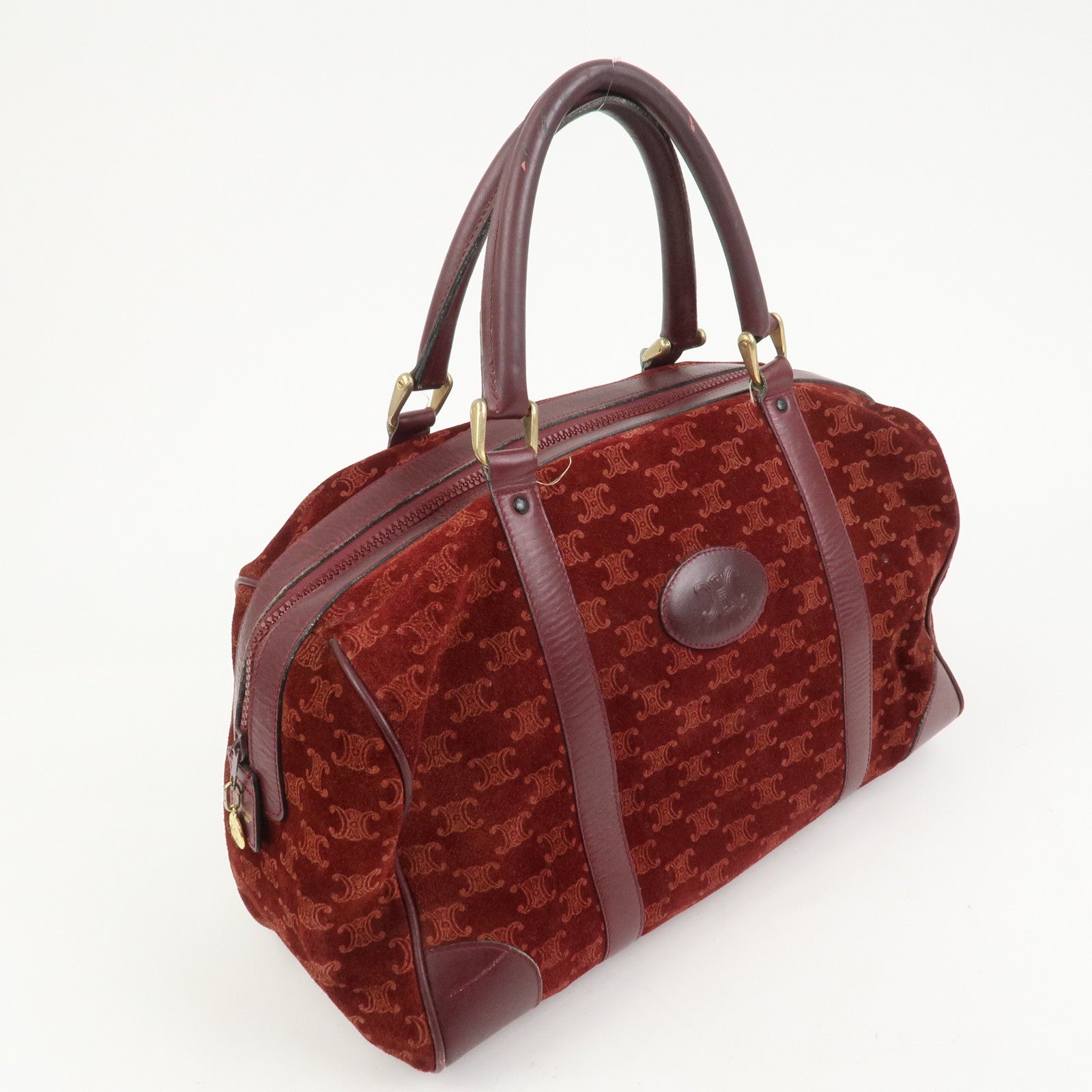 CELINE Macadam Logo Suede Leather Boston Bag Hand Bag Red Brown