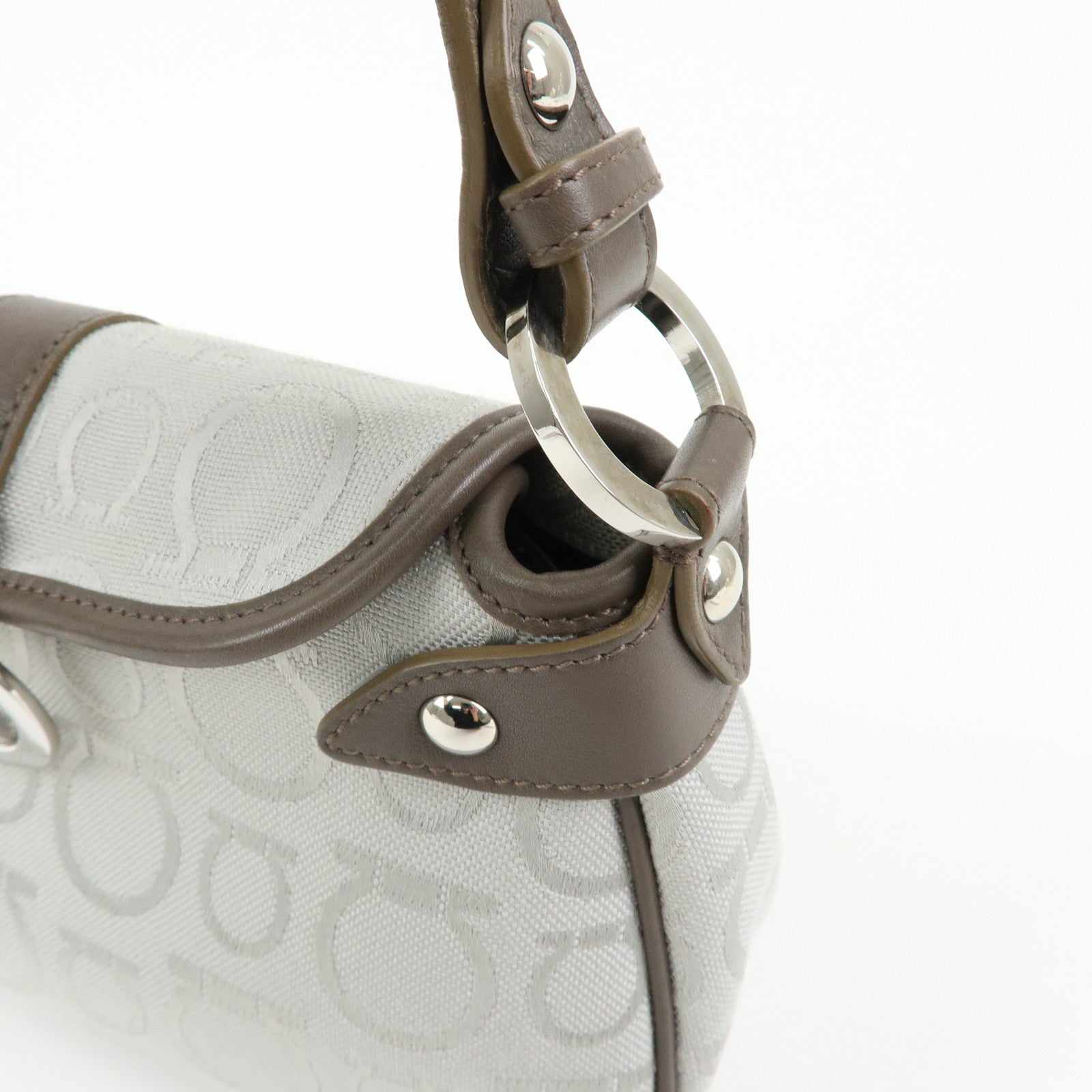 Ferragamo Gancini Canvas Leather Shoulder Bag Hand Bag Gray Brown
