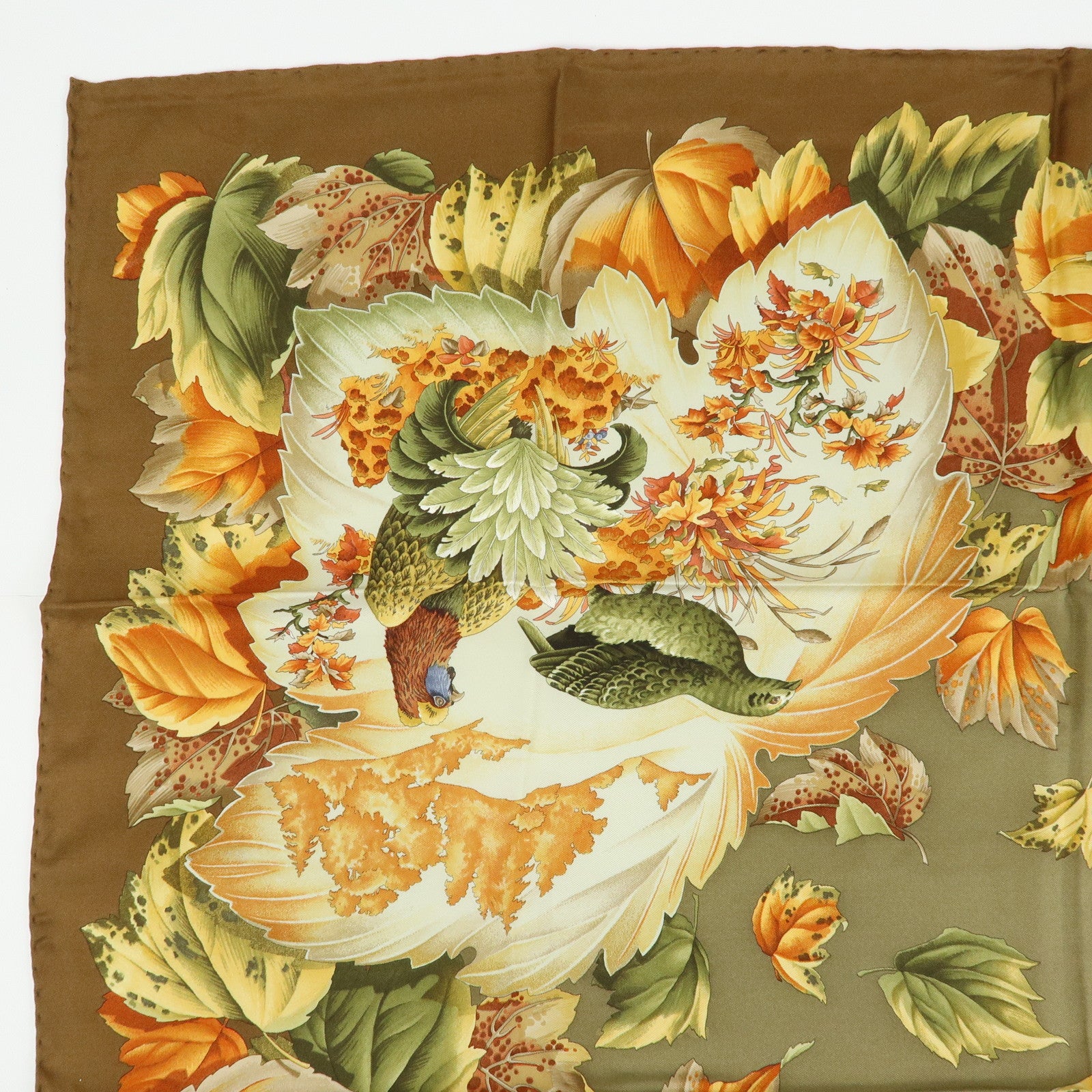 Ferragamo Silk 100% Scarf Autumn Bird And Leaf 85x85 Brown Orange