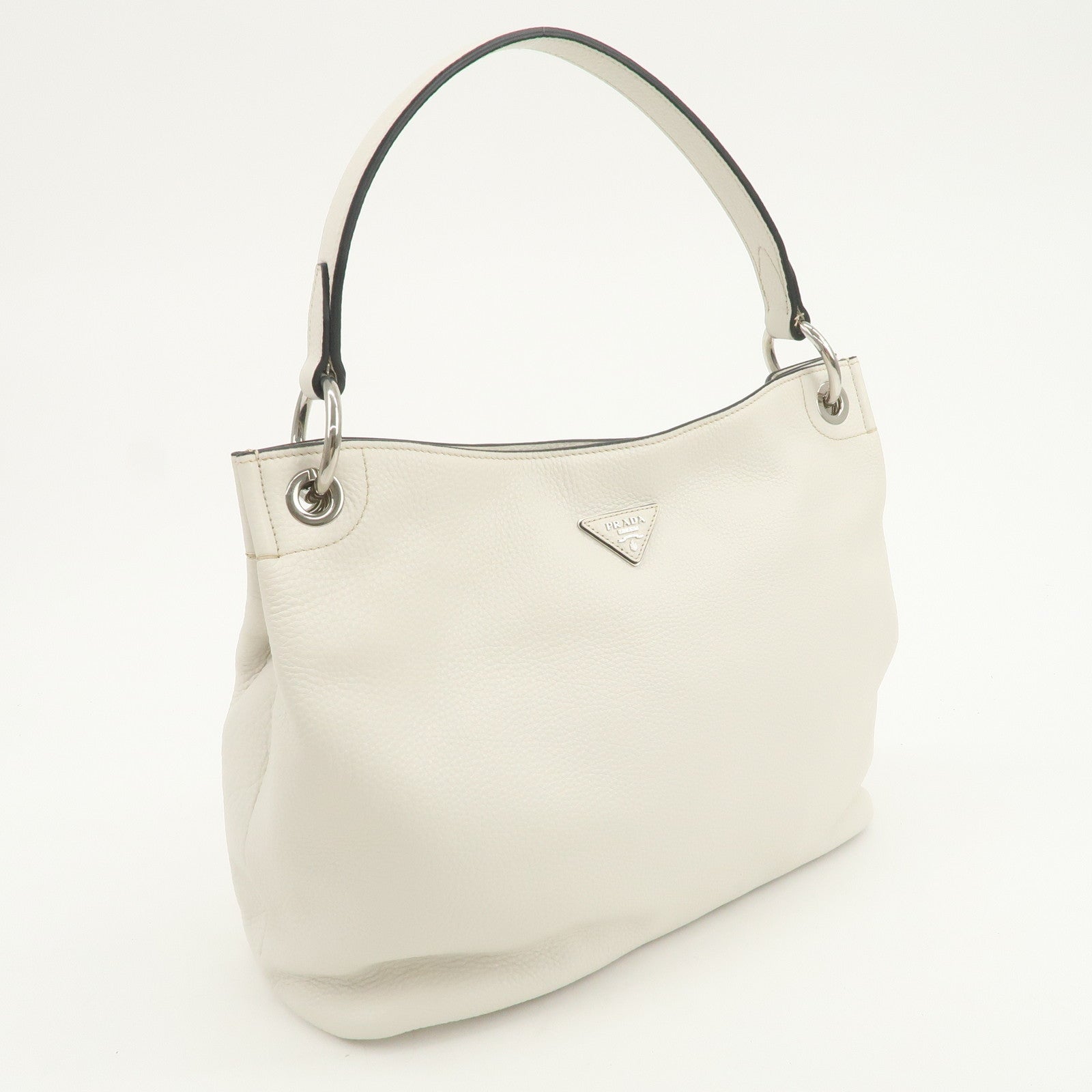 PRADA Triangle Logo Leather Shoulder Bag White BR5124