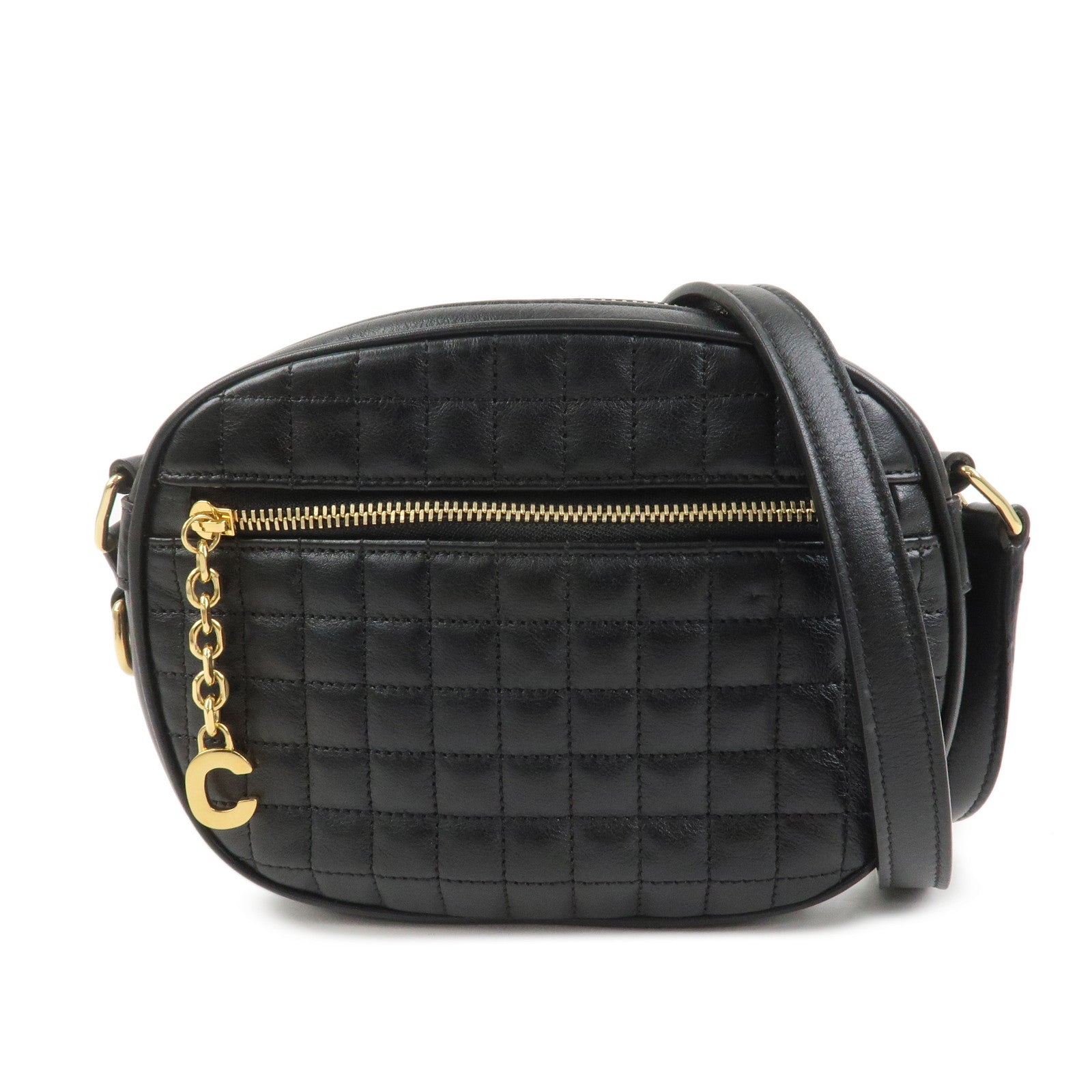 CELINE Calf Leather Shoulder Bag Crossbody Bag Black C Charm