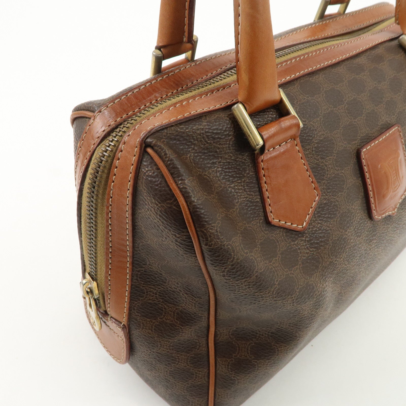 CELINE Macadam Leather PVC Boston Bag Hand Bag Brown Used