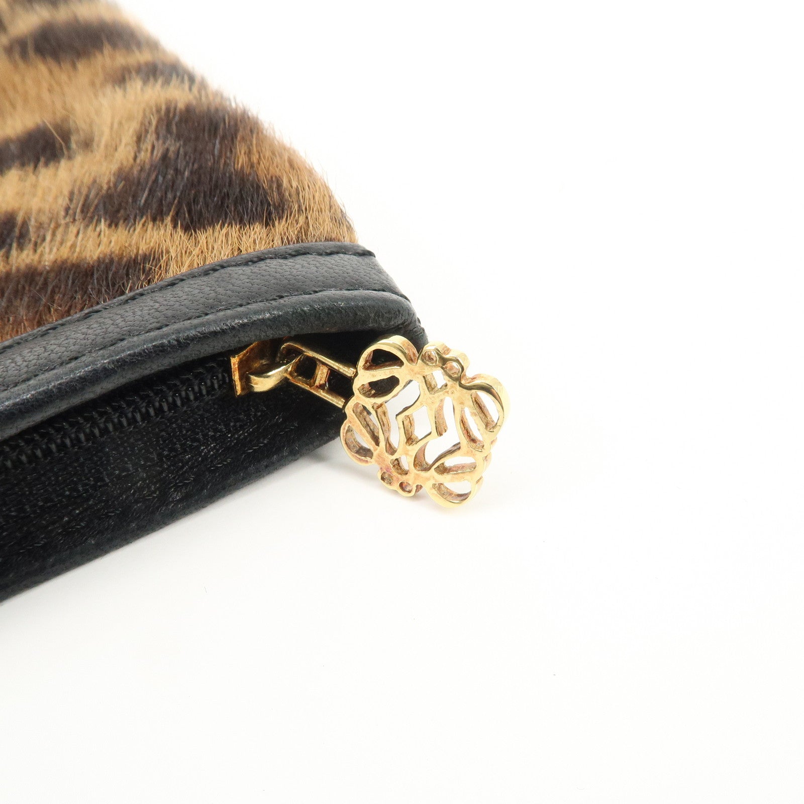 LOEWE Pony Hair Leather Pouch Leopard Brown Black Gold HDW Used