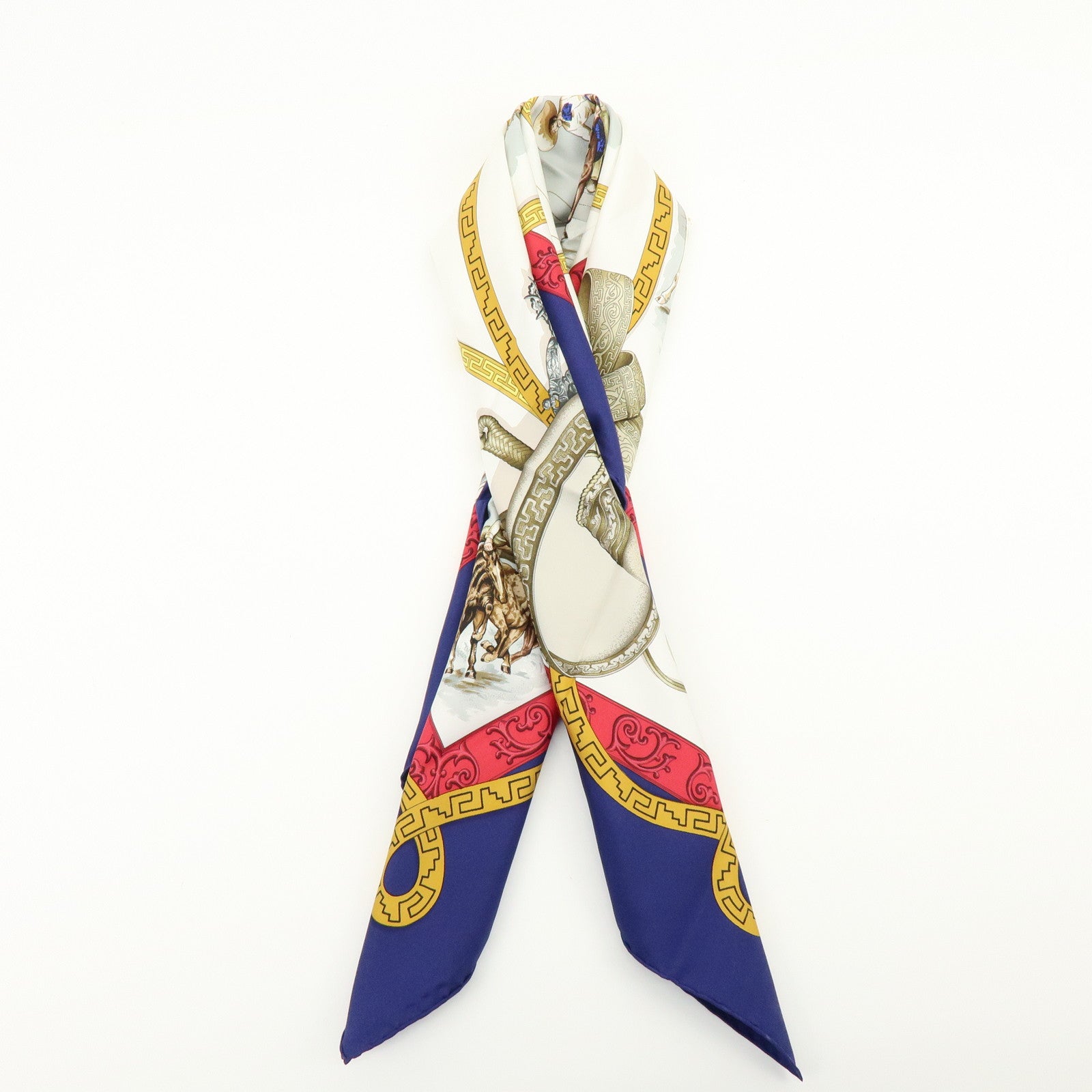 HERMES Carre 90 Silk 100% Scarf CHARREADA Navy White