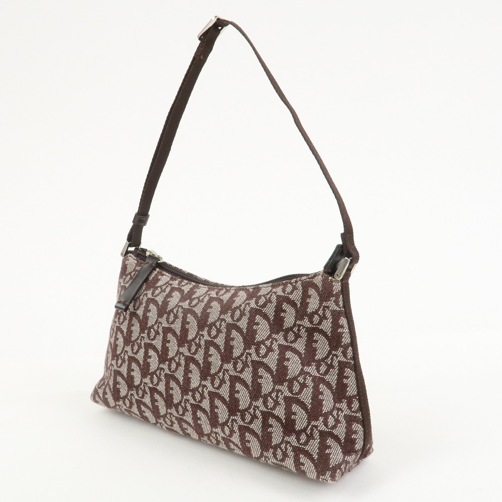 Christian Dior Trotter Jacquard Canvas Leather Shoulder Bag Brown