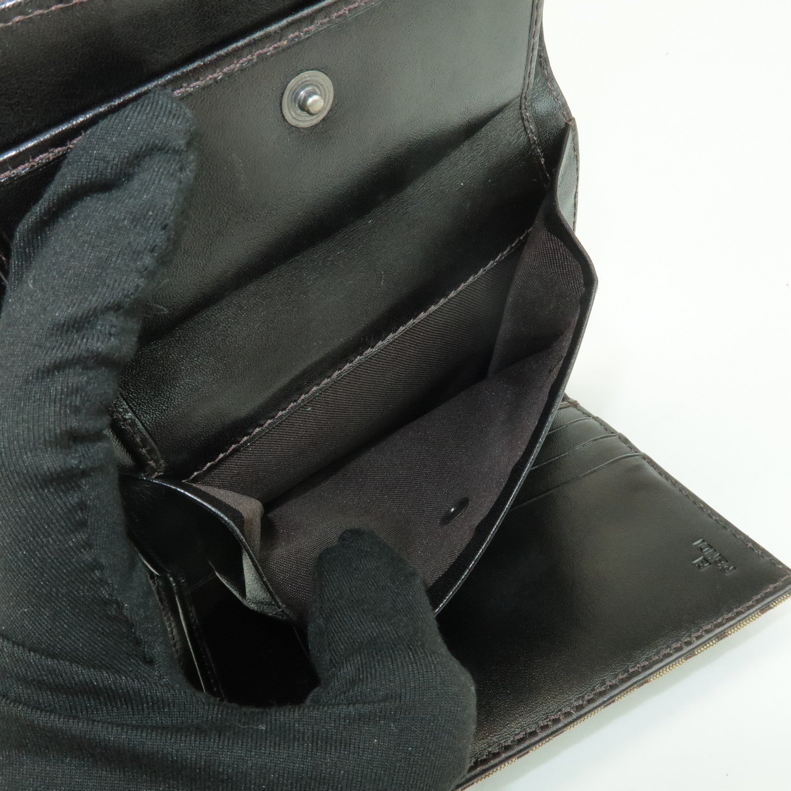 FENDI Zucchino Canvas Leather Tri-fold Wallet Beige Brown 8M0023 Used