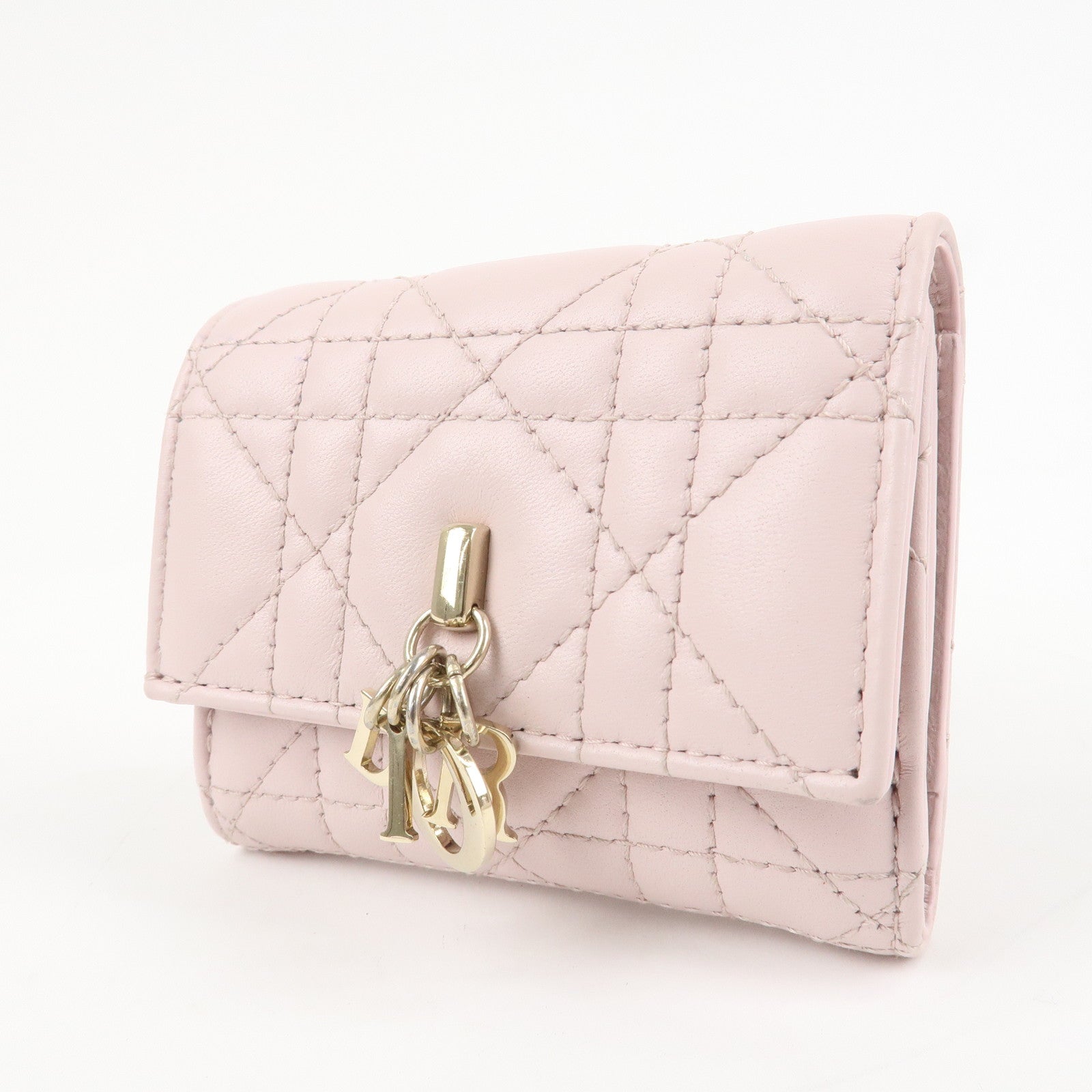 Christian Dior Cannage Leather Compact Wallet Pink Used