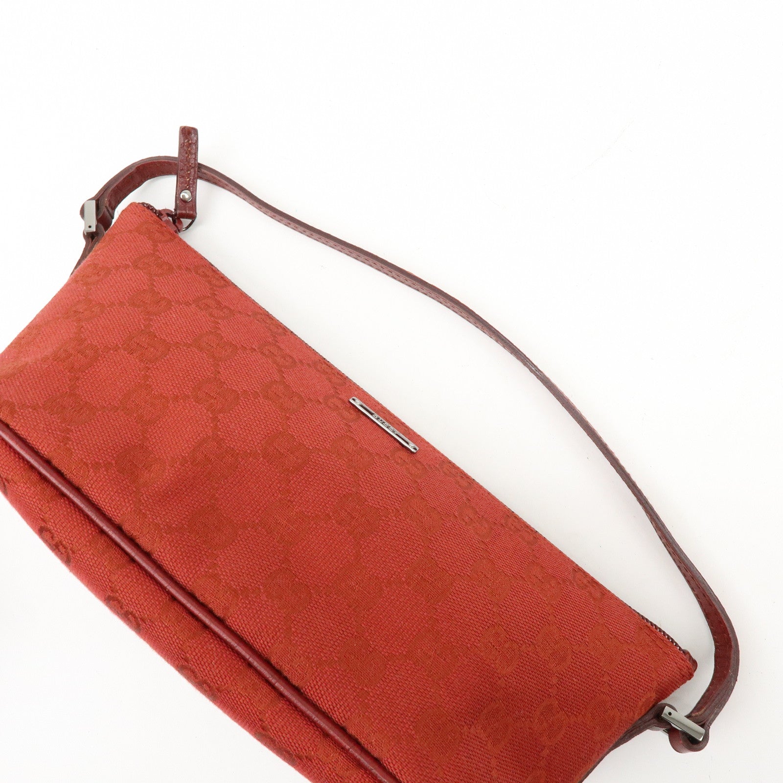 GUCCI Boat Bag GG Canvas Leather Accessory Pouch Hand Bag Red 07198