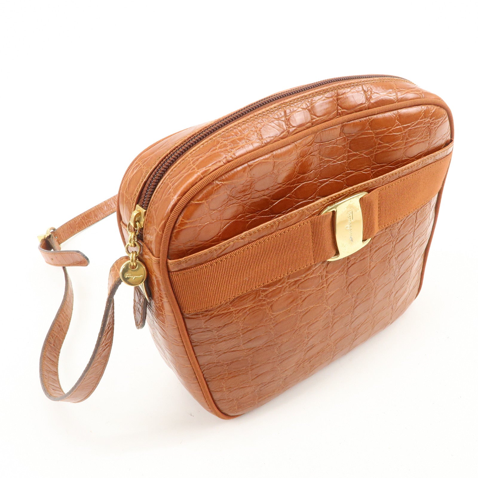 Ferragamo Vara Emboss Leather Shoulder Bag Crossbody Bag Brown