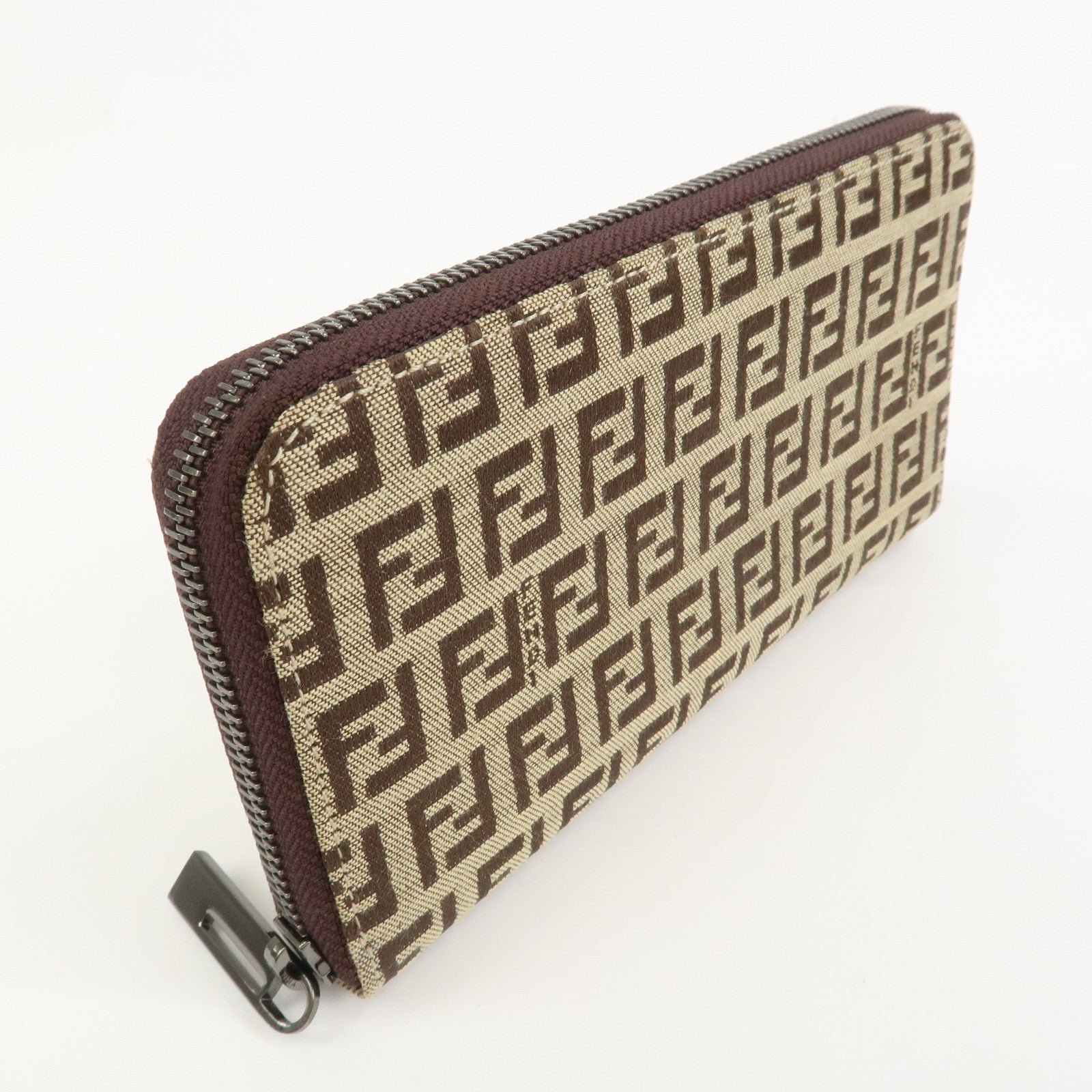 FENDI Zucchino Canvas Leather Round Zippy Long Wallet Brown 8M0024