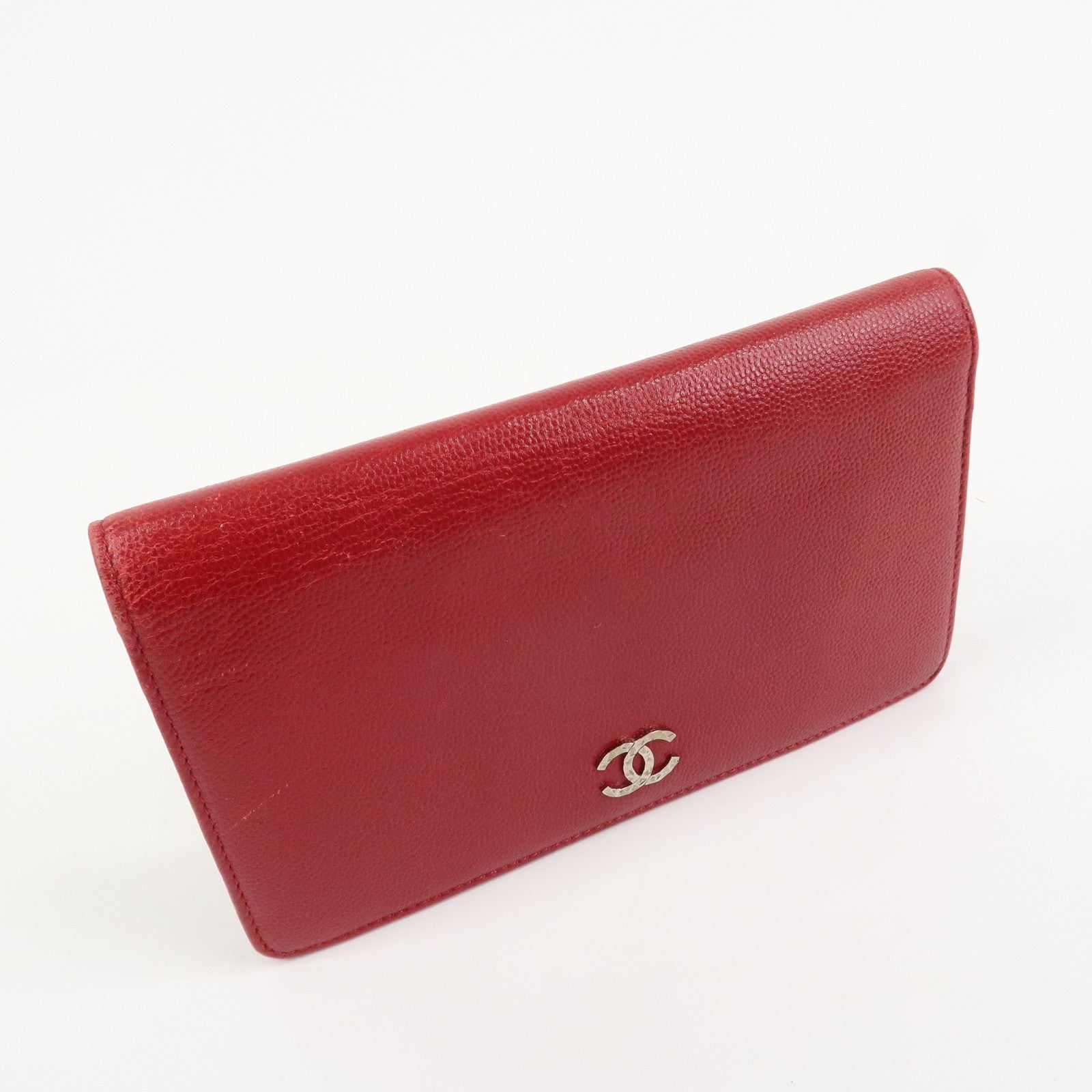 CHANEL COCO Mark Caviarskin Bi-Fold Long Wallet Red
