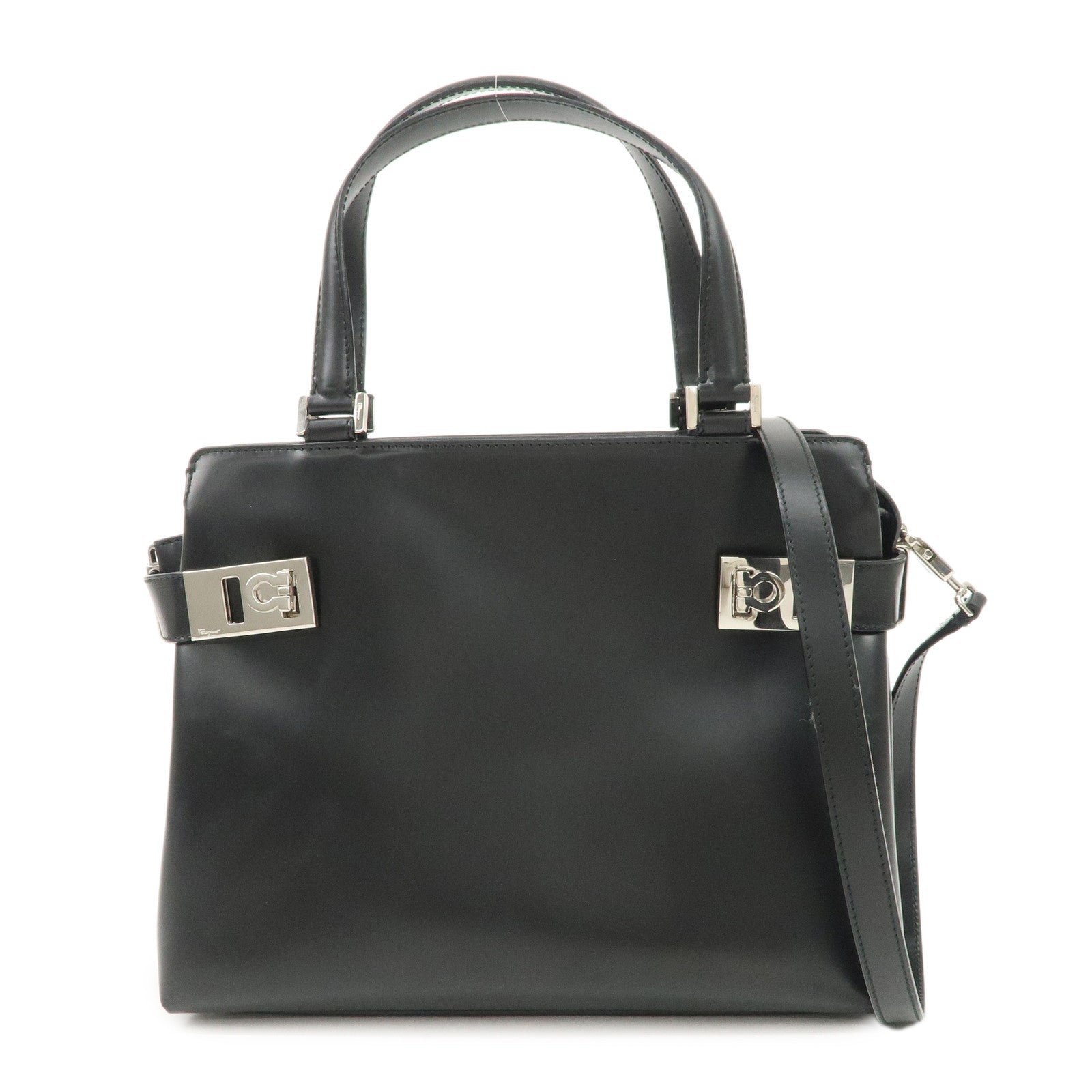Ferragamo Gancini Leather 2Way Hand Bag Shoulder Bag Black Used