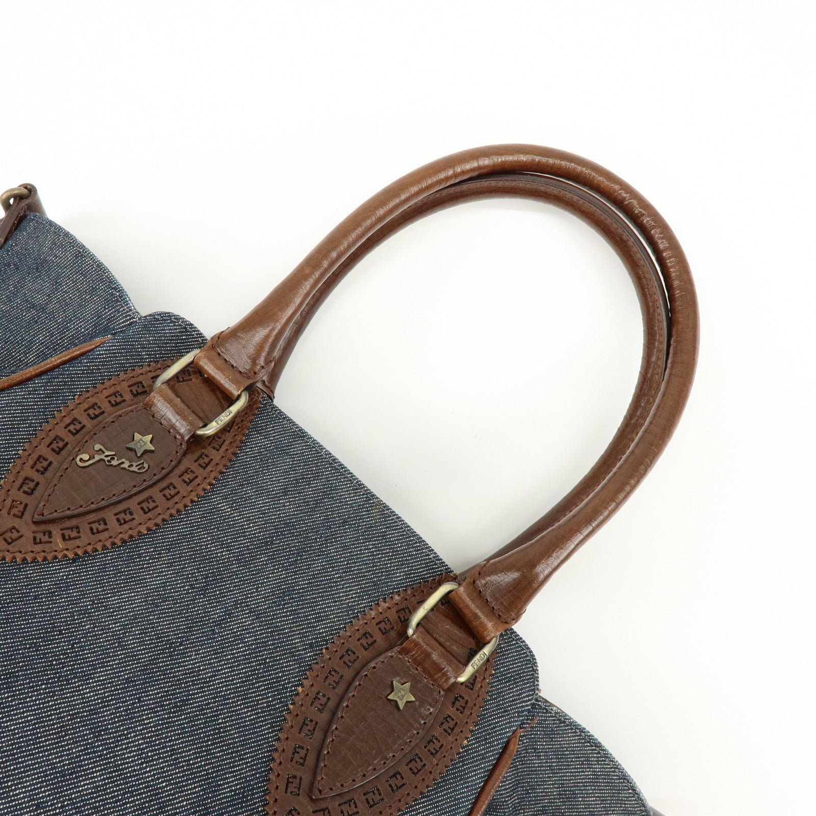 FENDI Etnico Zucca Denim Leather Shoulder Bag Blue Brown 8BN157