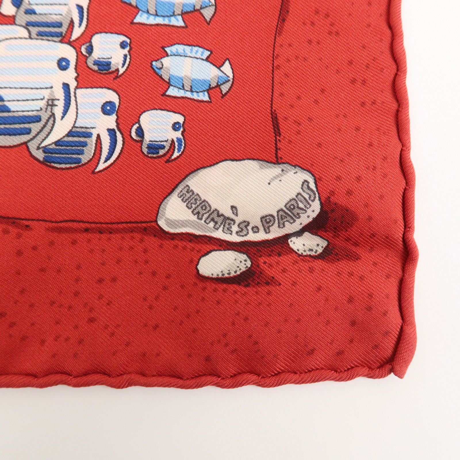 HERMES Carre 40 Silk 100% Mini Scarf Fish Print Red Blue