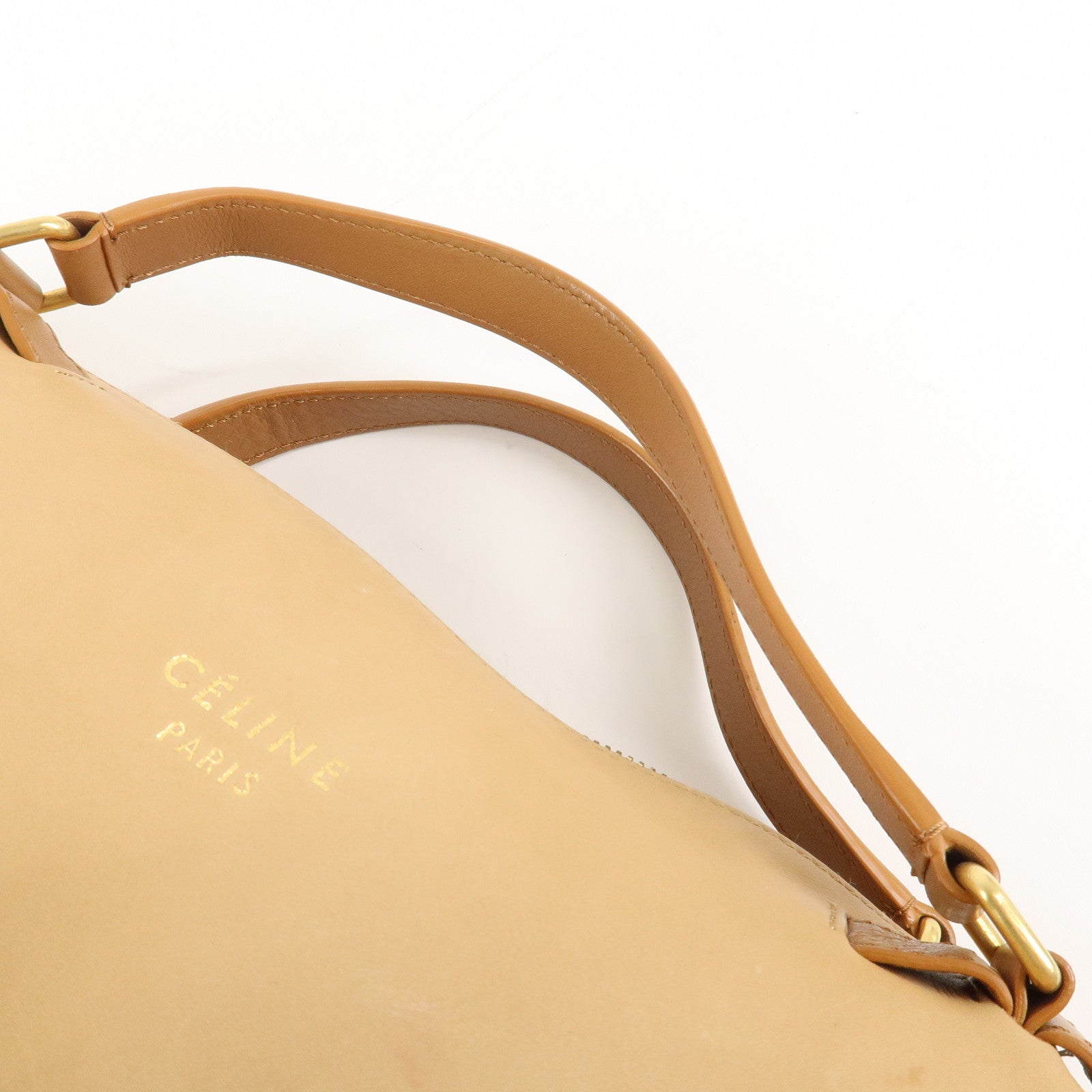 CELINE Leather 2Way Boston Bag Shoulder Bag Beige Brown Used