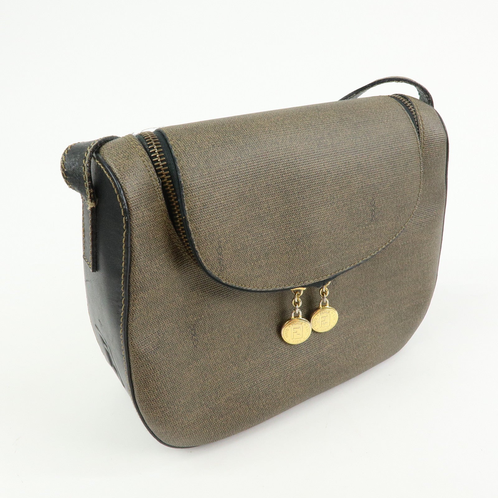 FENDI PVC Canvas Leather Shoulder Bag Crossbody Bag Brown 25933