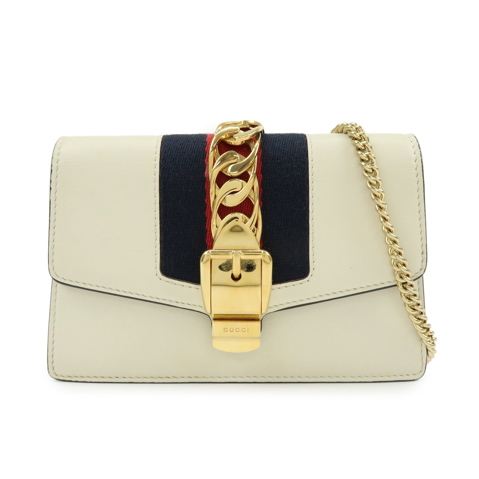 GUCCI Sherry Silvie Leather Canvas Chain Shoulder Bag White 494646