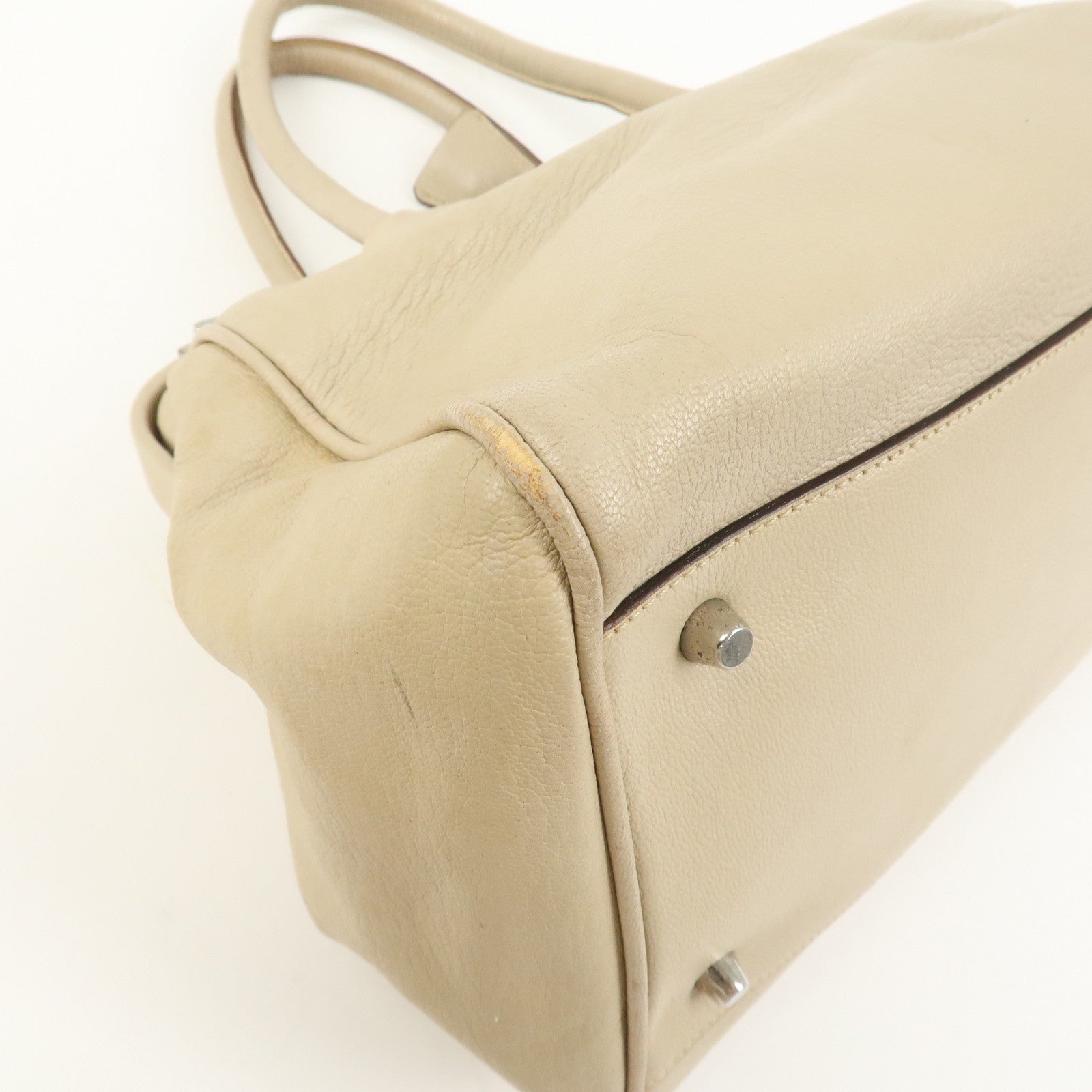 PRADA Leather Doctors Bag Hand Bag Beige Silver