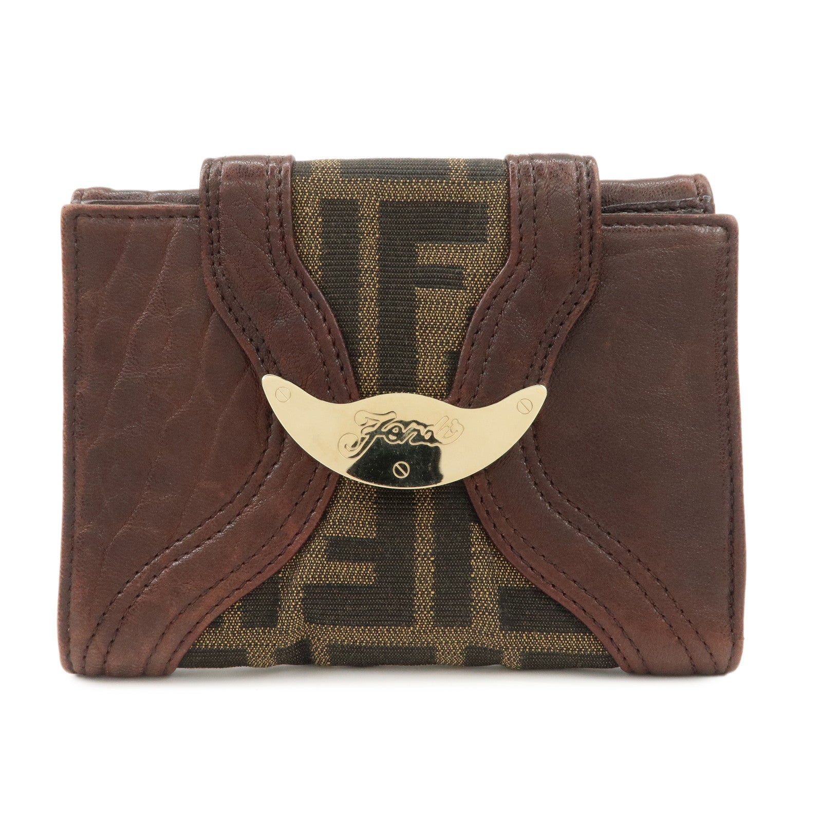 FENDI Zucca Leather Canvas W Hook Bi-fold Wallet Dark Brown 8M0160 Used