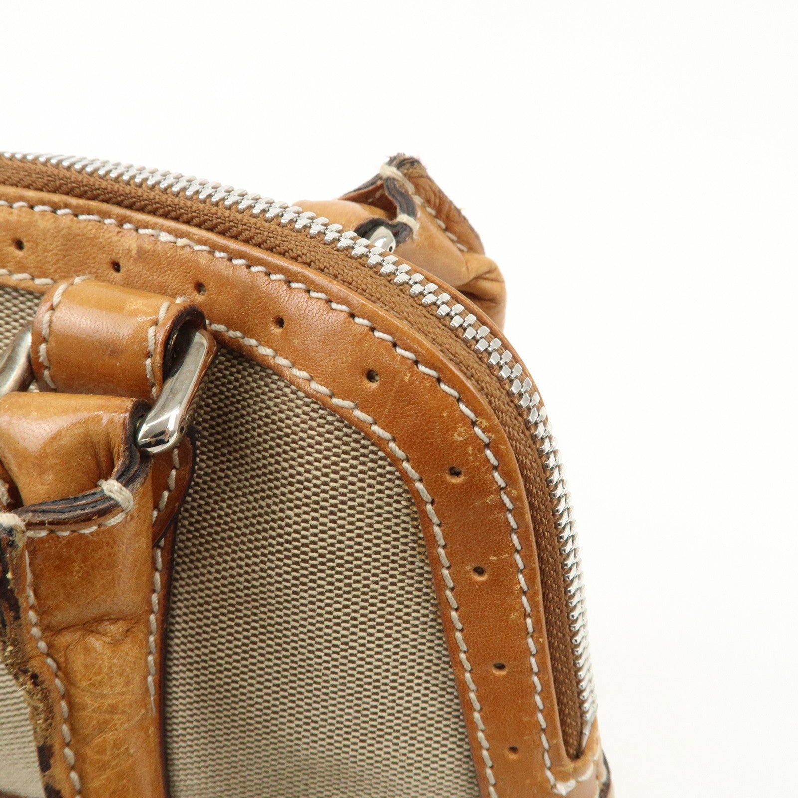 GUCCI Interlocking G Sherry Leather Canvas Hand Bag Beige 114882 Used