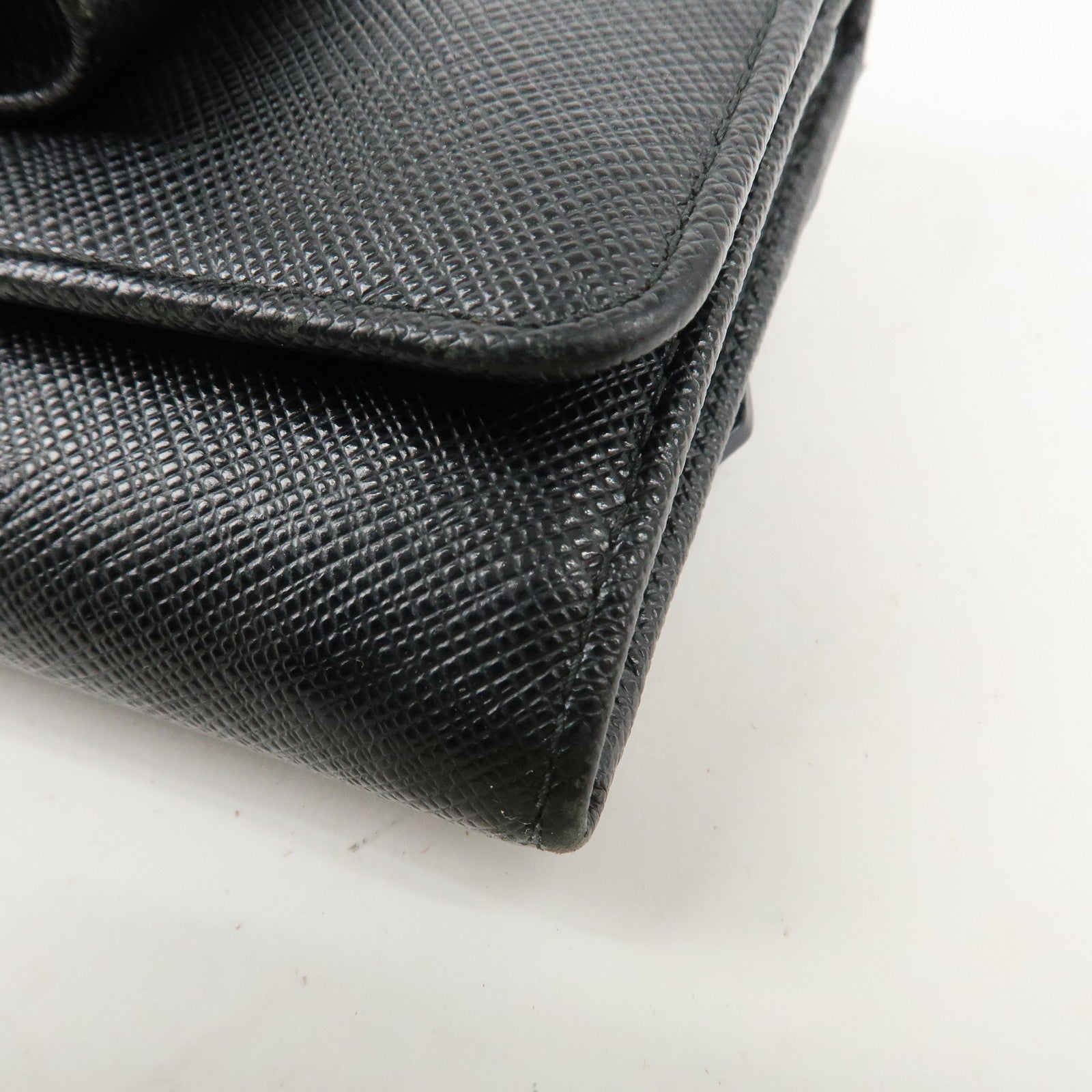 PRADA Saffiano Leather Flap Bi-Fold Long Wallet Black Gold 1MH132 Used