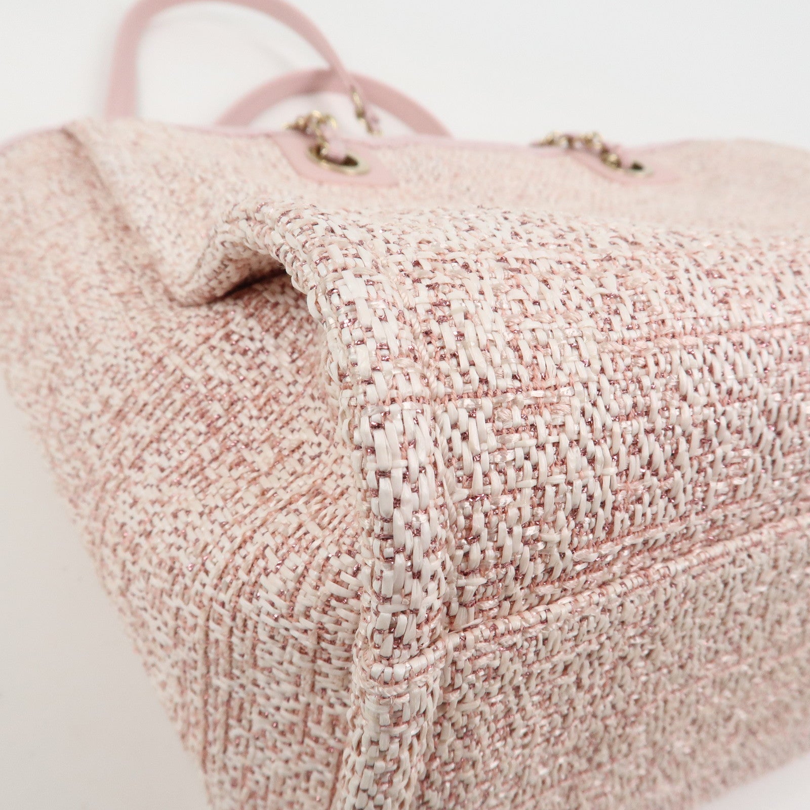CHANEL Tweed Leather Deauville MM Shoulder Bag Tote Bag Pink