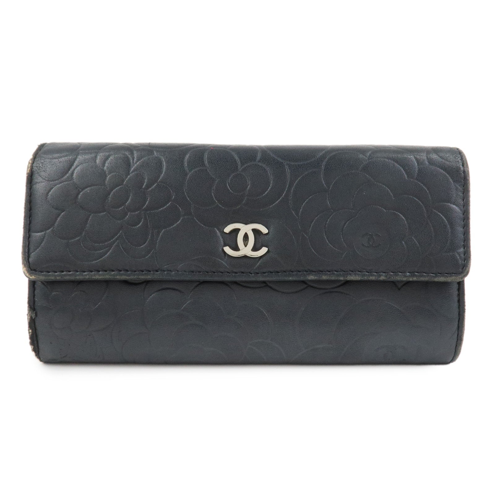 CHANEL Camellia Lambskin Long Wallet Black Silver