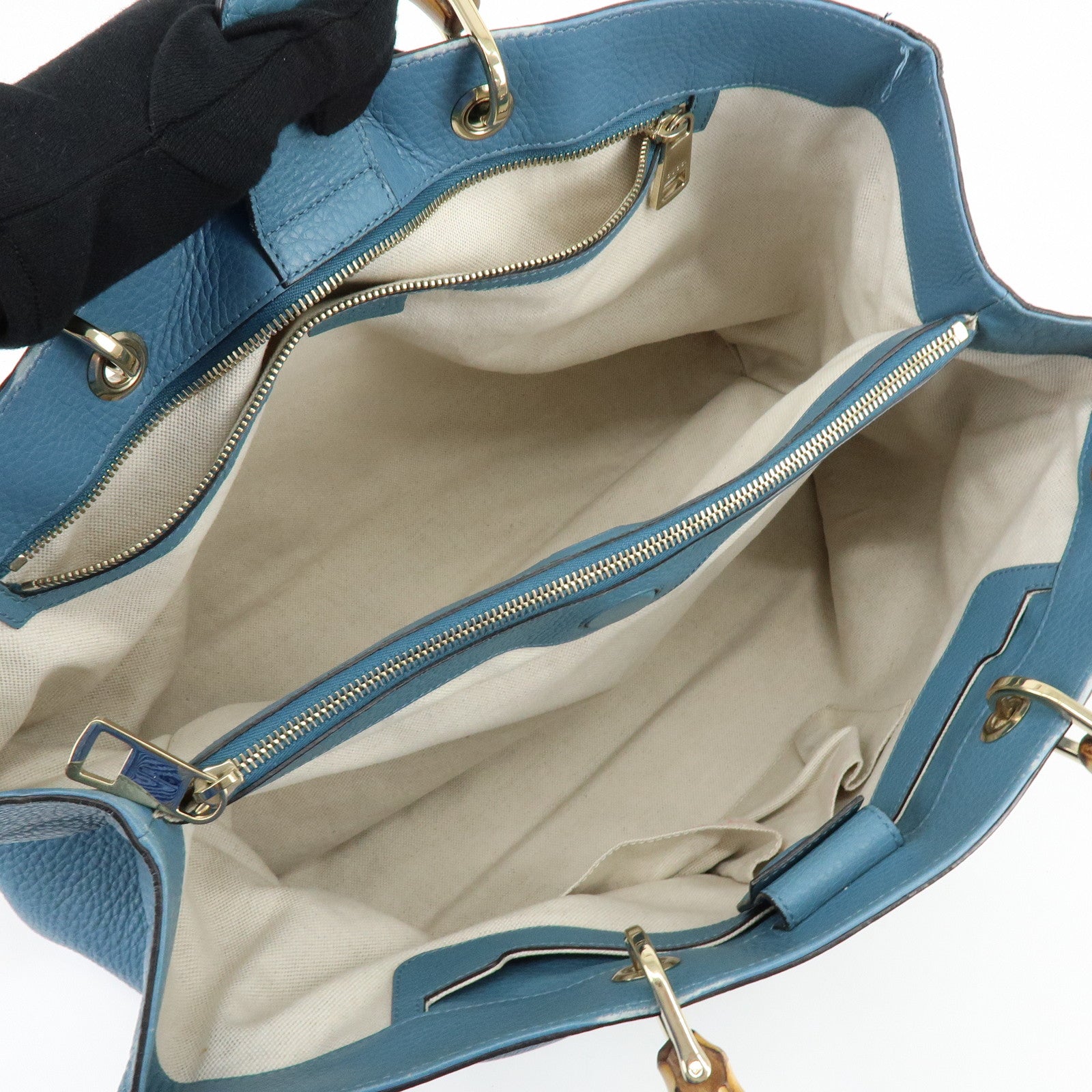 GUCCI Bamboo Shopper Large Leather Tote Bag 2Way Bag Blue 323658
