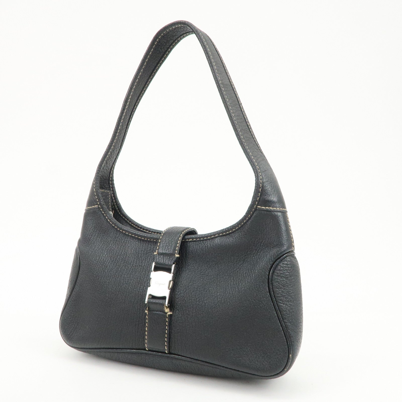 Ferragamo Logo Leather Shoulder Bag Hand Bag Black