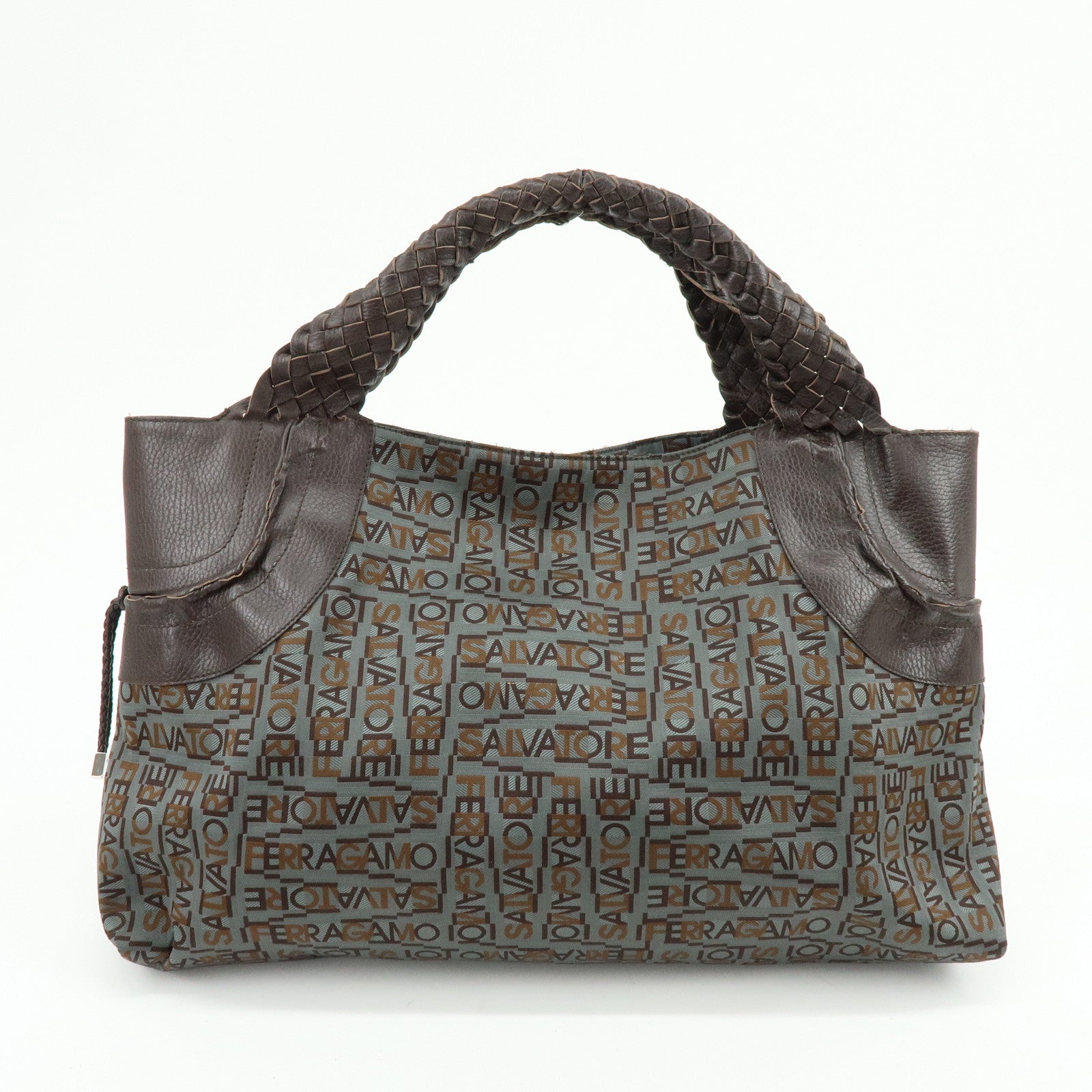 Ferragamo Gancini Canvas Leather Tote Bag Shoulder Bag Brown