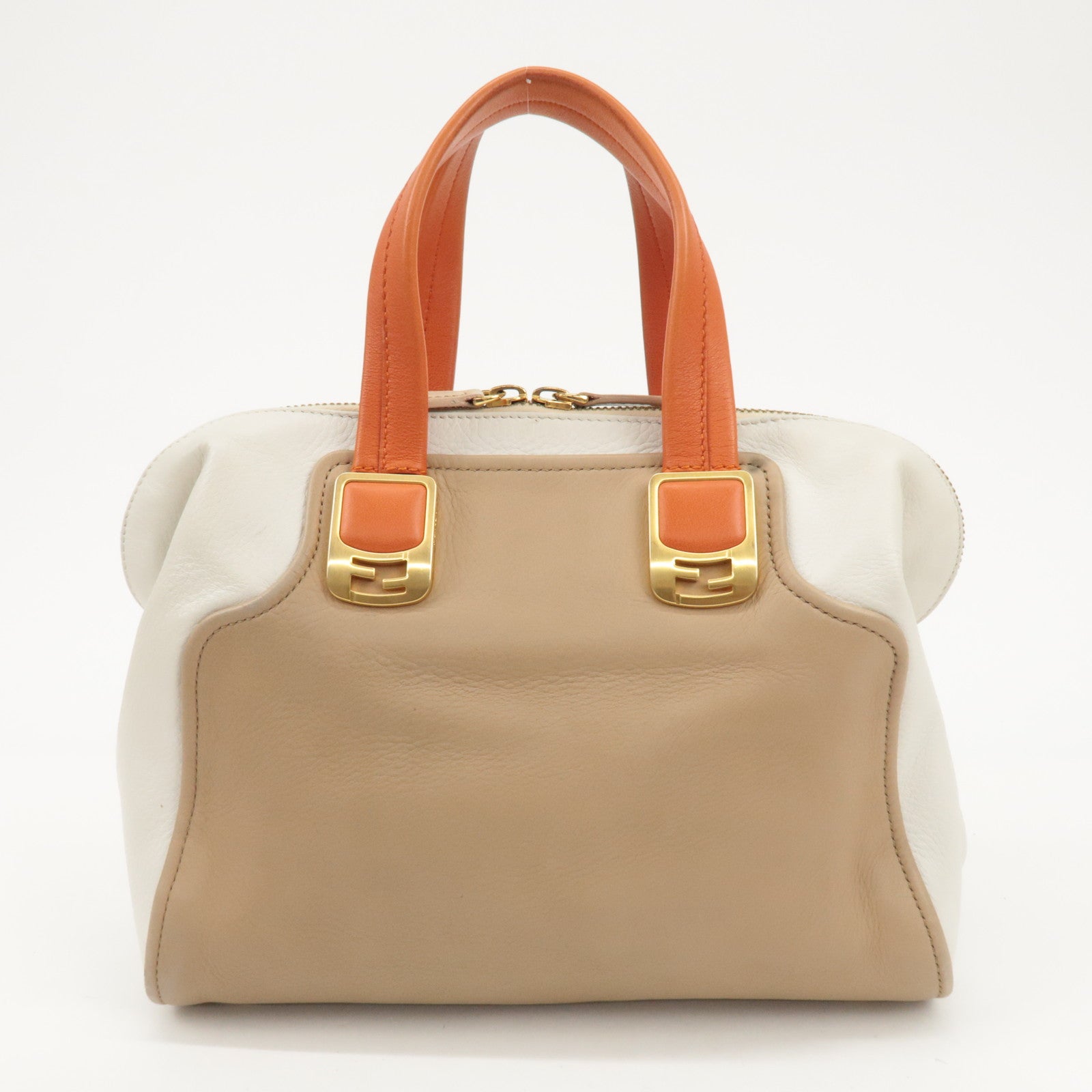 FENDI Cameleon Leather 2Way Shoulder Bag Orange Beige Ivory  8BL114 Used