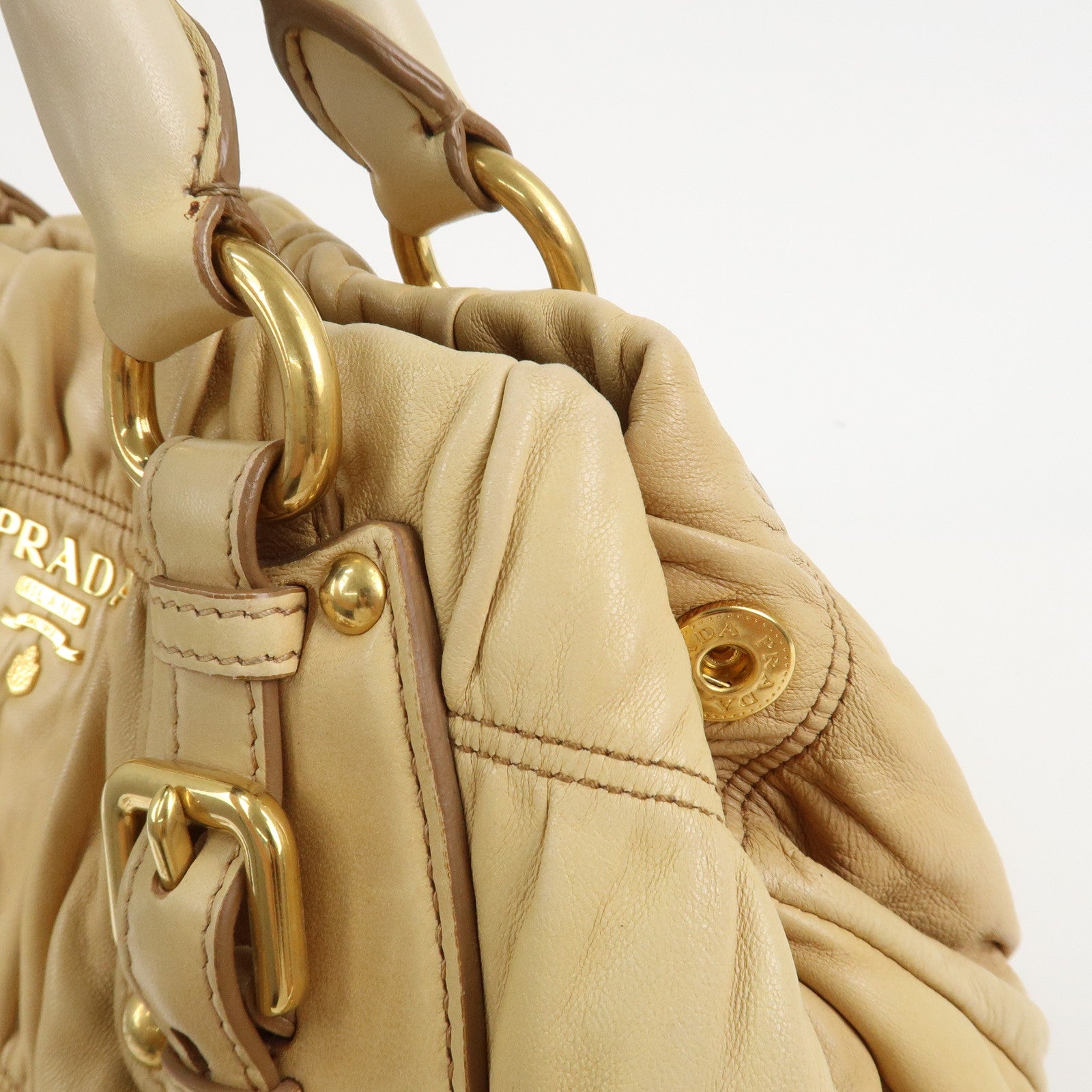 PRADA Nappa Gaufre Leather Gathered 2Way Bag Hand Bag Beige BN1336