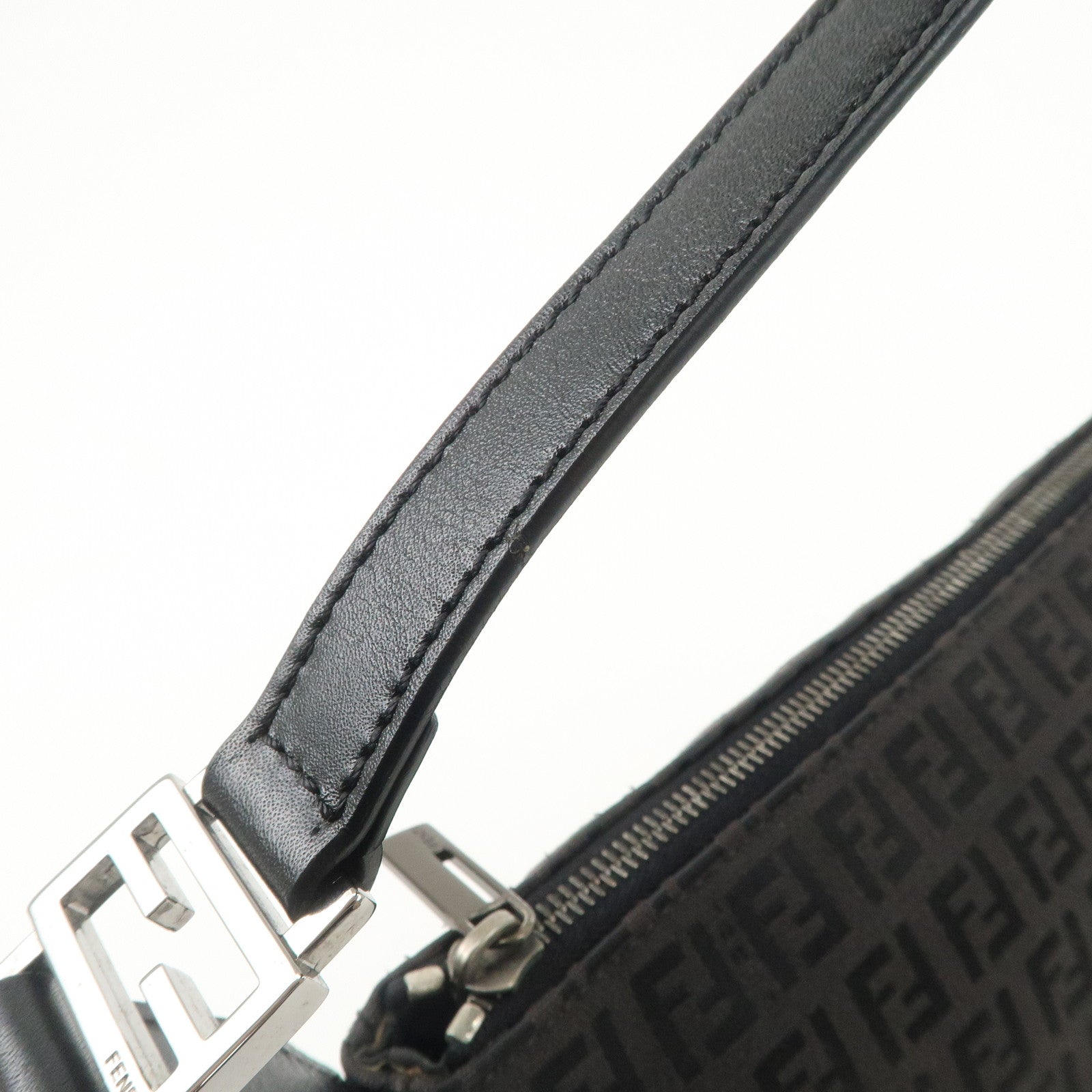 FENDI Zucchino Canvas Leather Shoulder Bag Black Brown 8BR444 Used