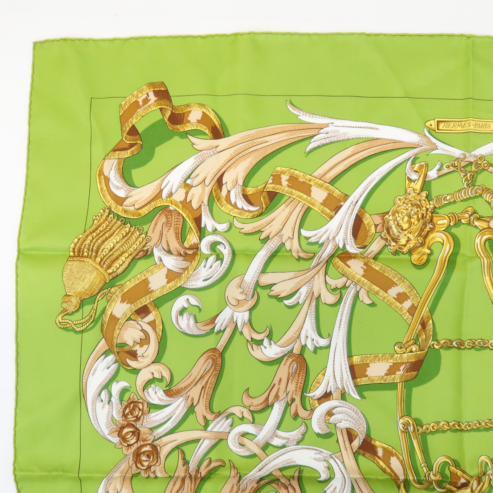 HERMES Carre 90 Silk 100% LE MORS A LA CONTETABLE Scarf Green Used
