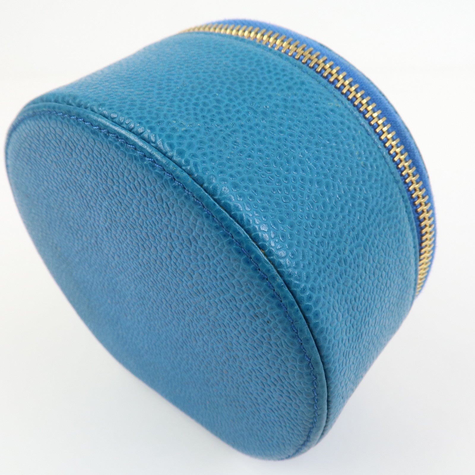 CHANEL COCO Mark Caviarskin Round Cosmetic Pouch Blue Gold