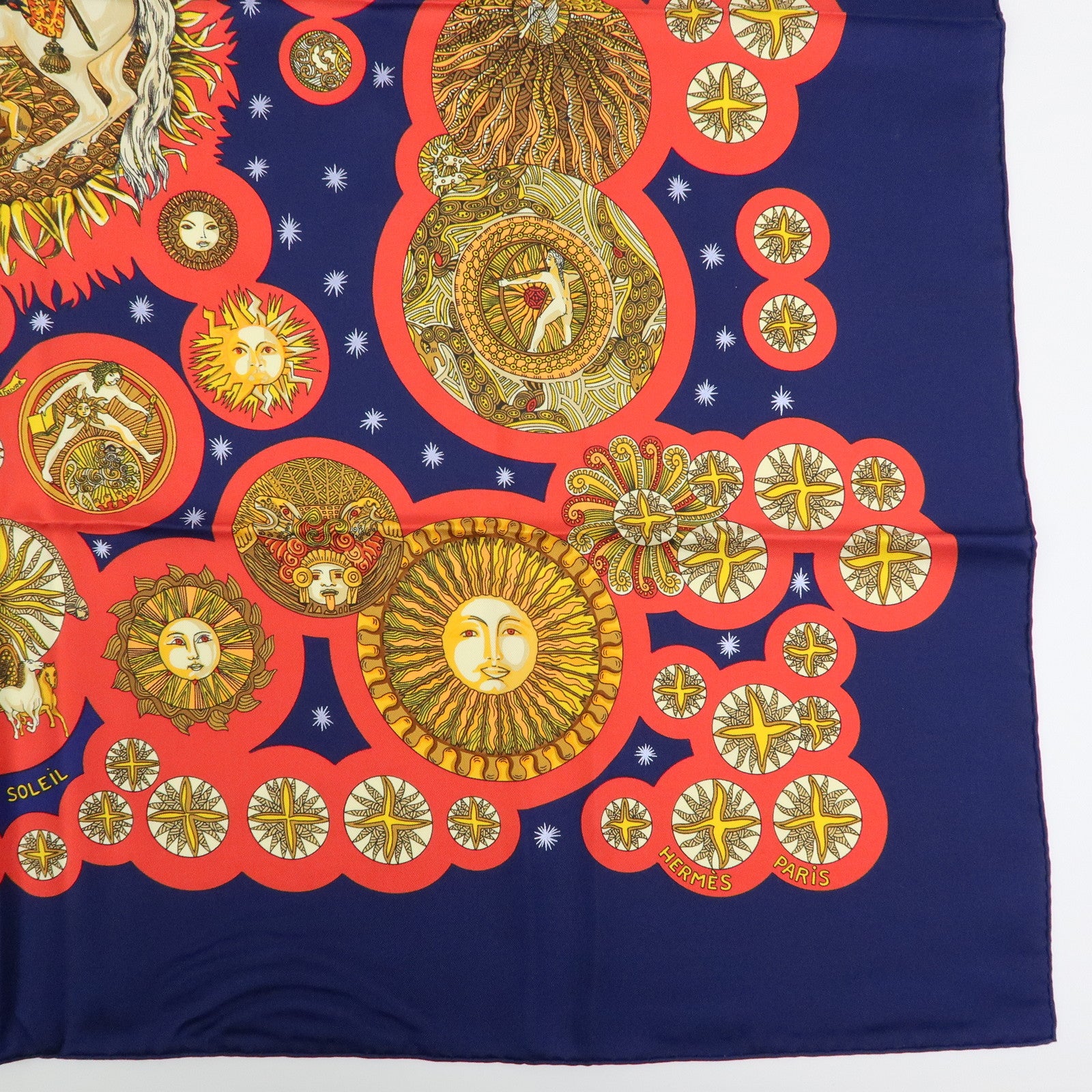 HERMES Carre 90 Silk 100% Scarf LE ROY SOLEIL Navy Red Yellow