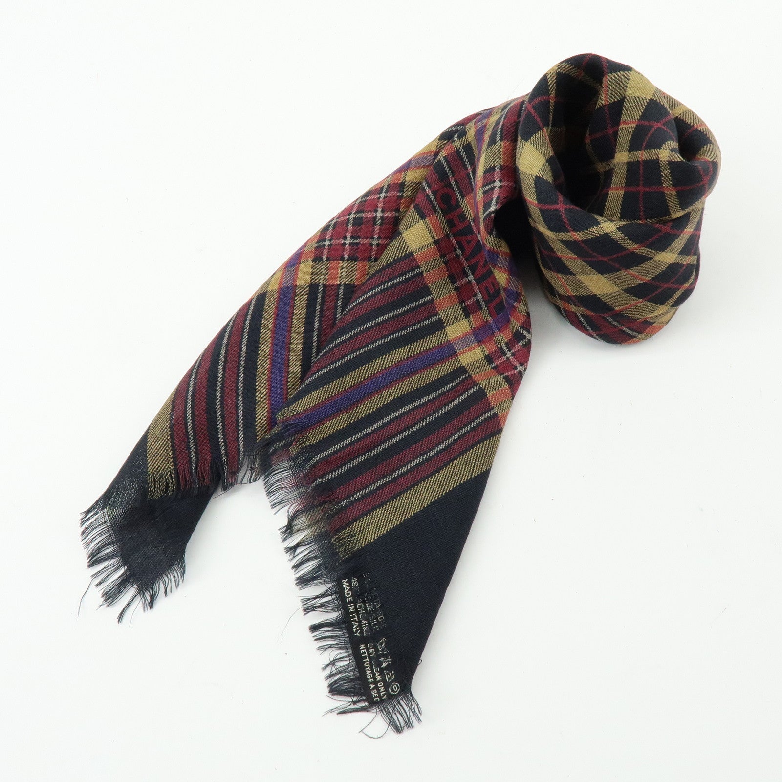 CHANEL Silk Cashmere Plaid Scarf Black Beige Wine Red