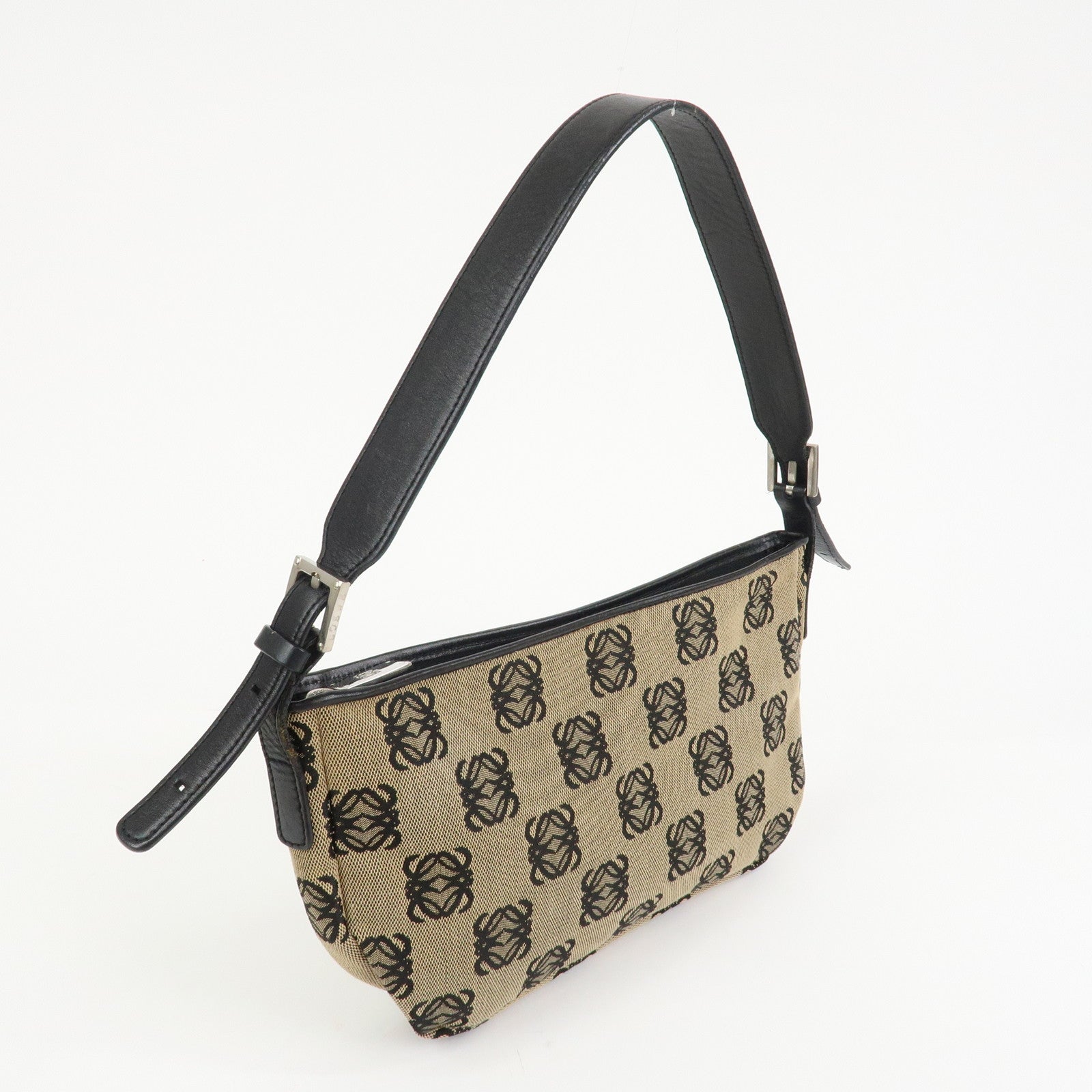 LOEWE Anagram Logo Canvas Leather Shoulder Bag Hand Bag Beige Black