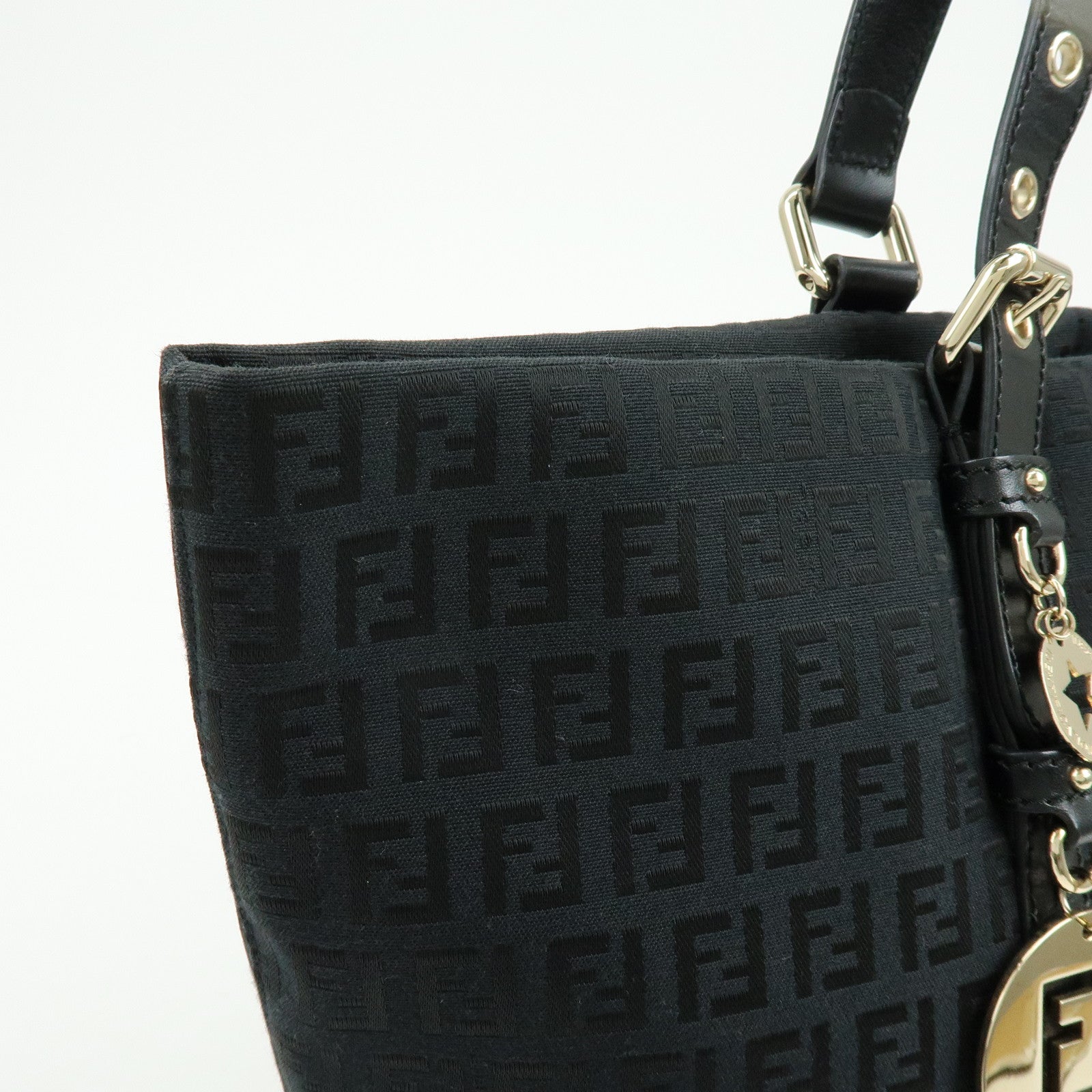 FENDI Zucchino Canvas Leather Tote Bag Shoulder Bag Black 8BH215