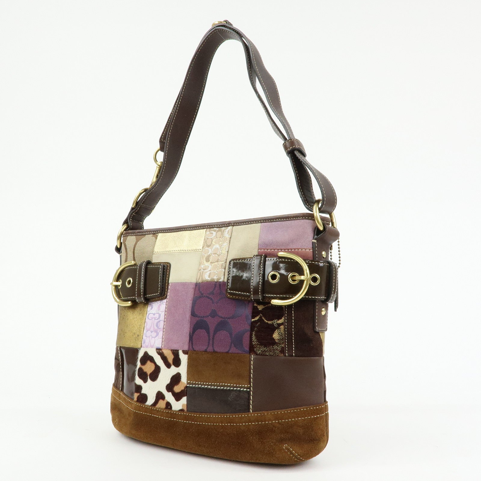 COACH Signature Suede Patent Leather Shoulder Bag Brown Patchwork