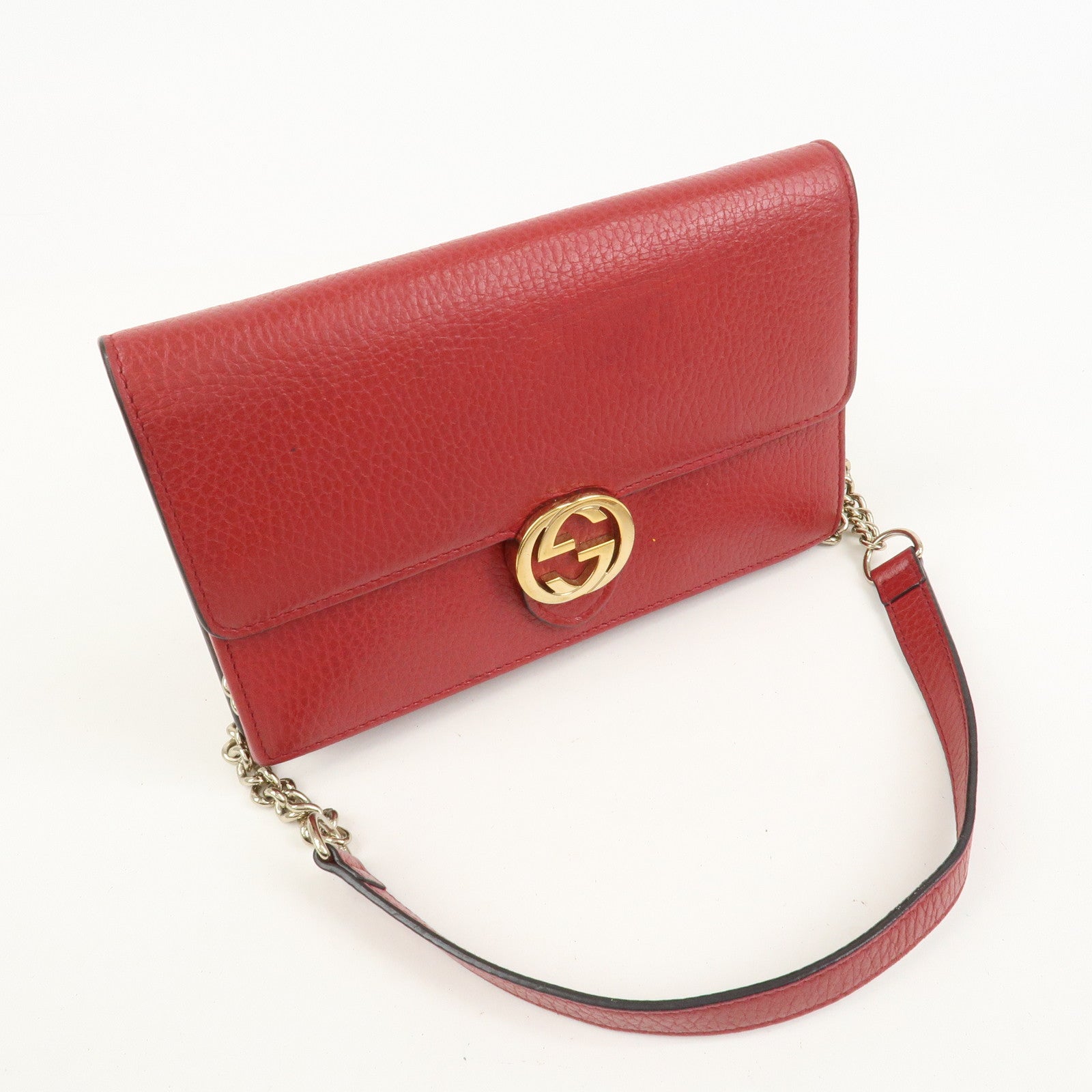 GUCCI Interlocking G Leather Chain Wallet Shoulder Bag Red 510314