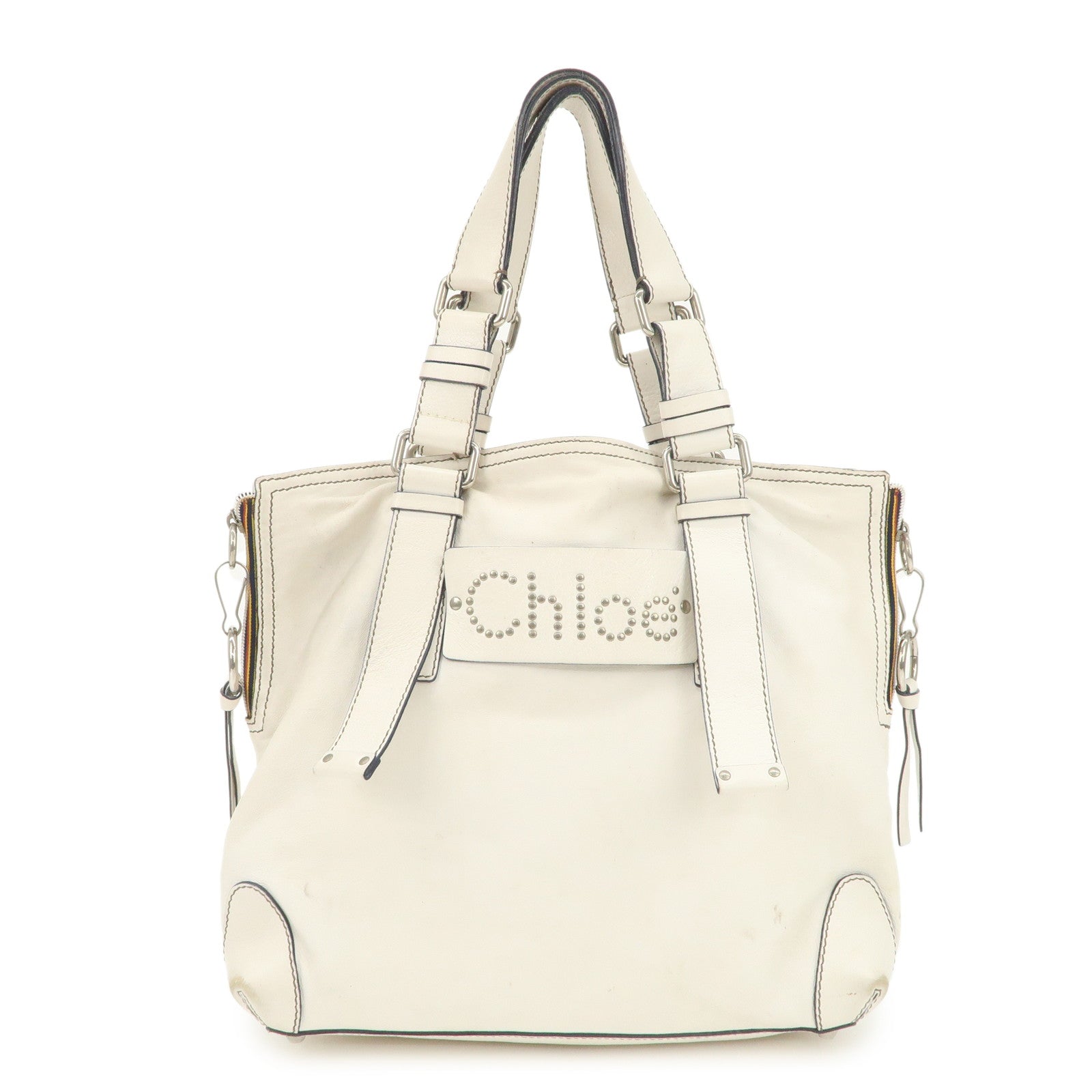 Chloe Patsy Studs Logo Leather Tote Bag Shoulder Bag Ivory