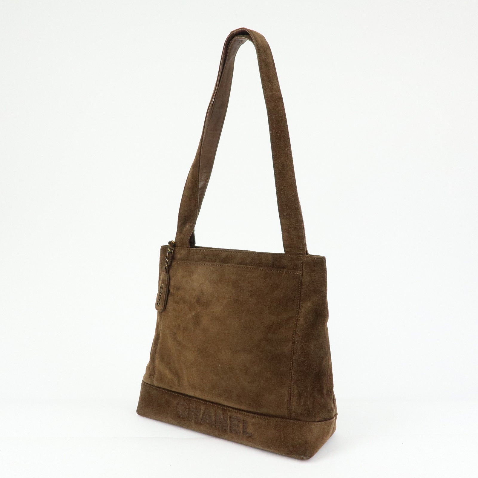 CHANEL Logo Suede Tote Bag Shoulder Bag Brown