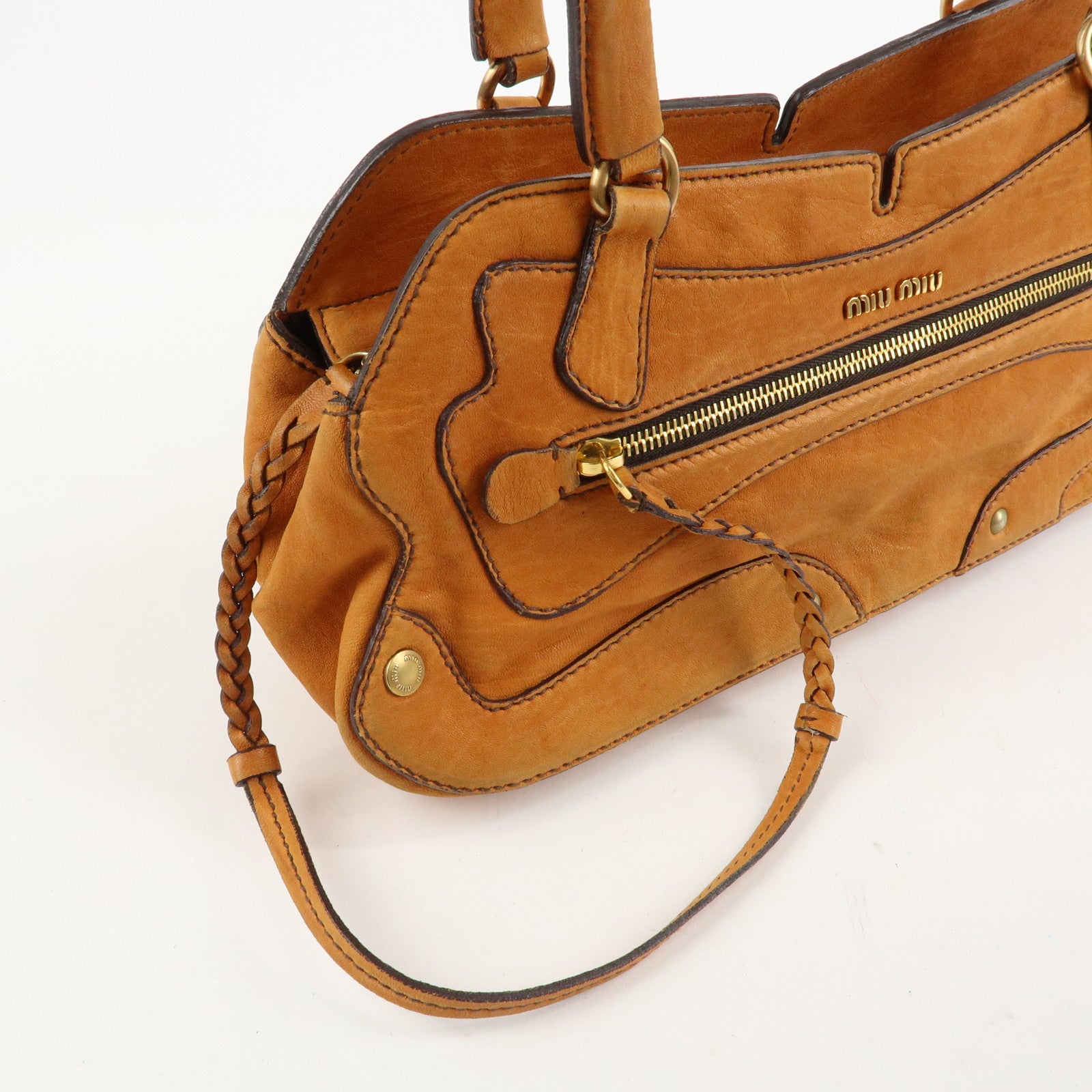 MIUMIU Logo Leather Shoulder Bag Boston Bag Hand Bag Gold HDW Brown Used