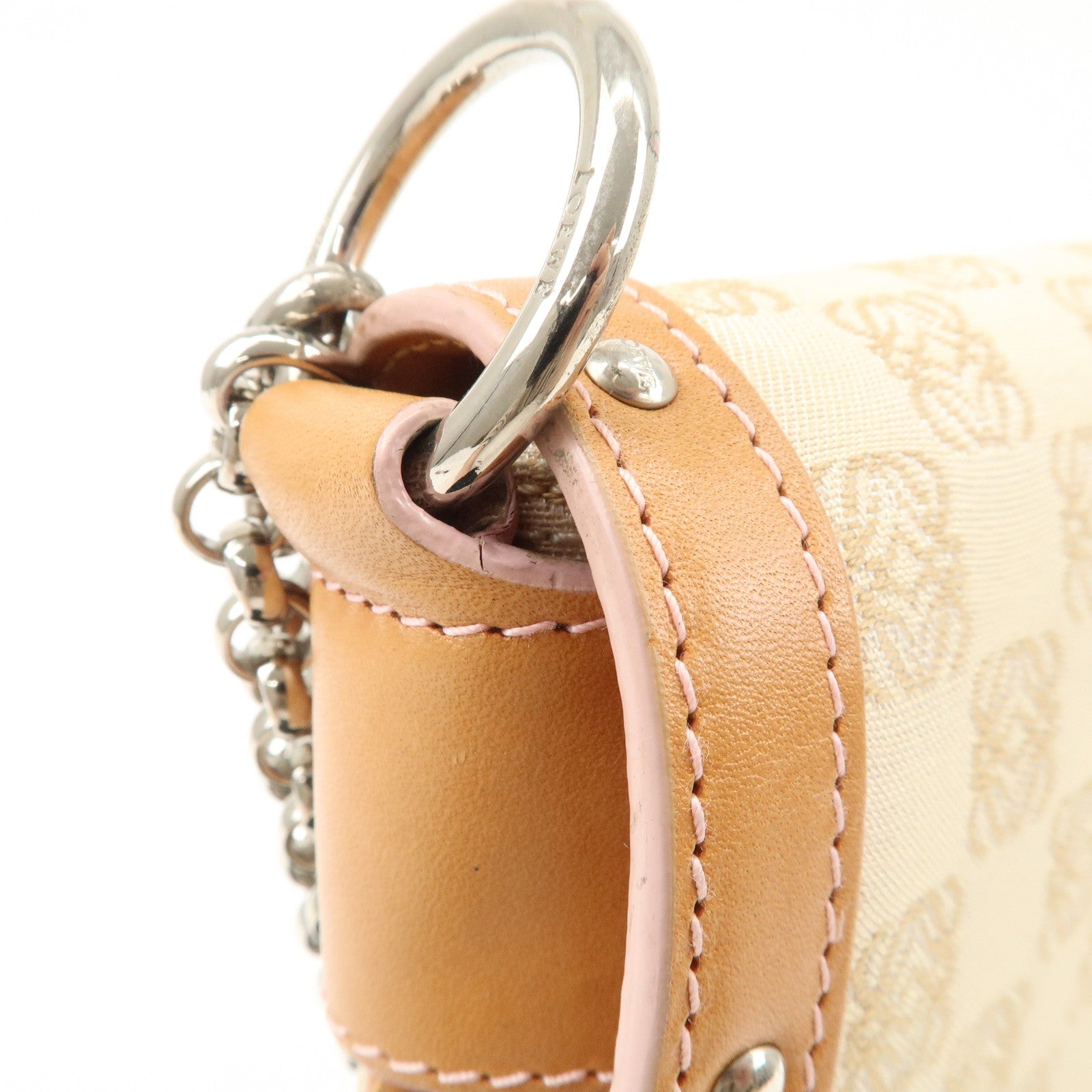 LOEWE Repeat Anagram Leather Canvas Chain Shoulder Bag Beige Brown Used