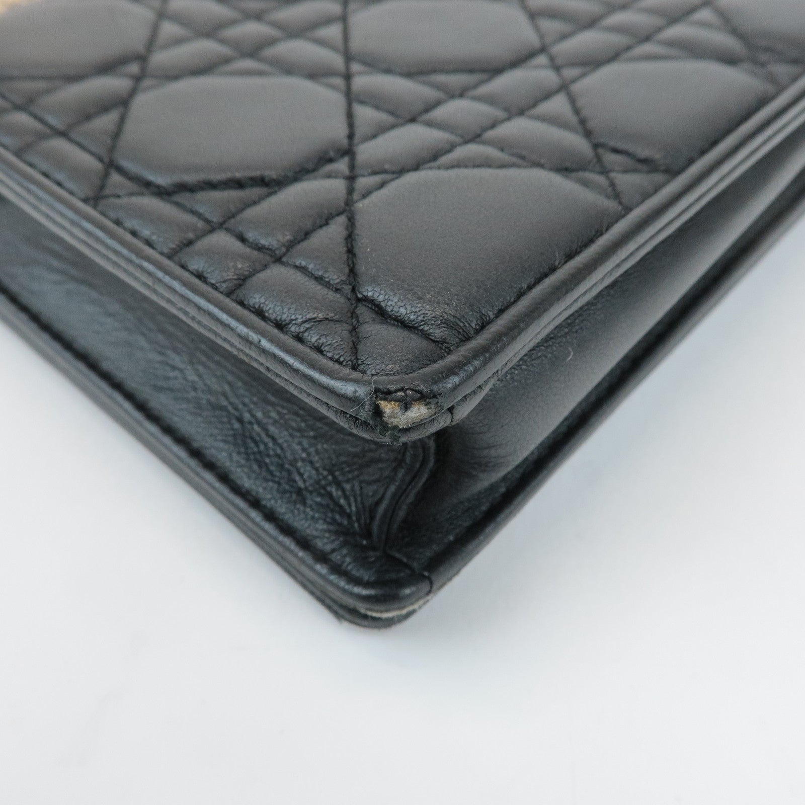 Christian Dior Cannage Leather Chain Shoulder Bag Black Gold Charm