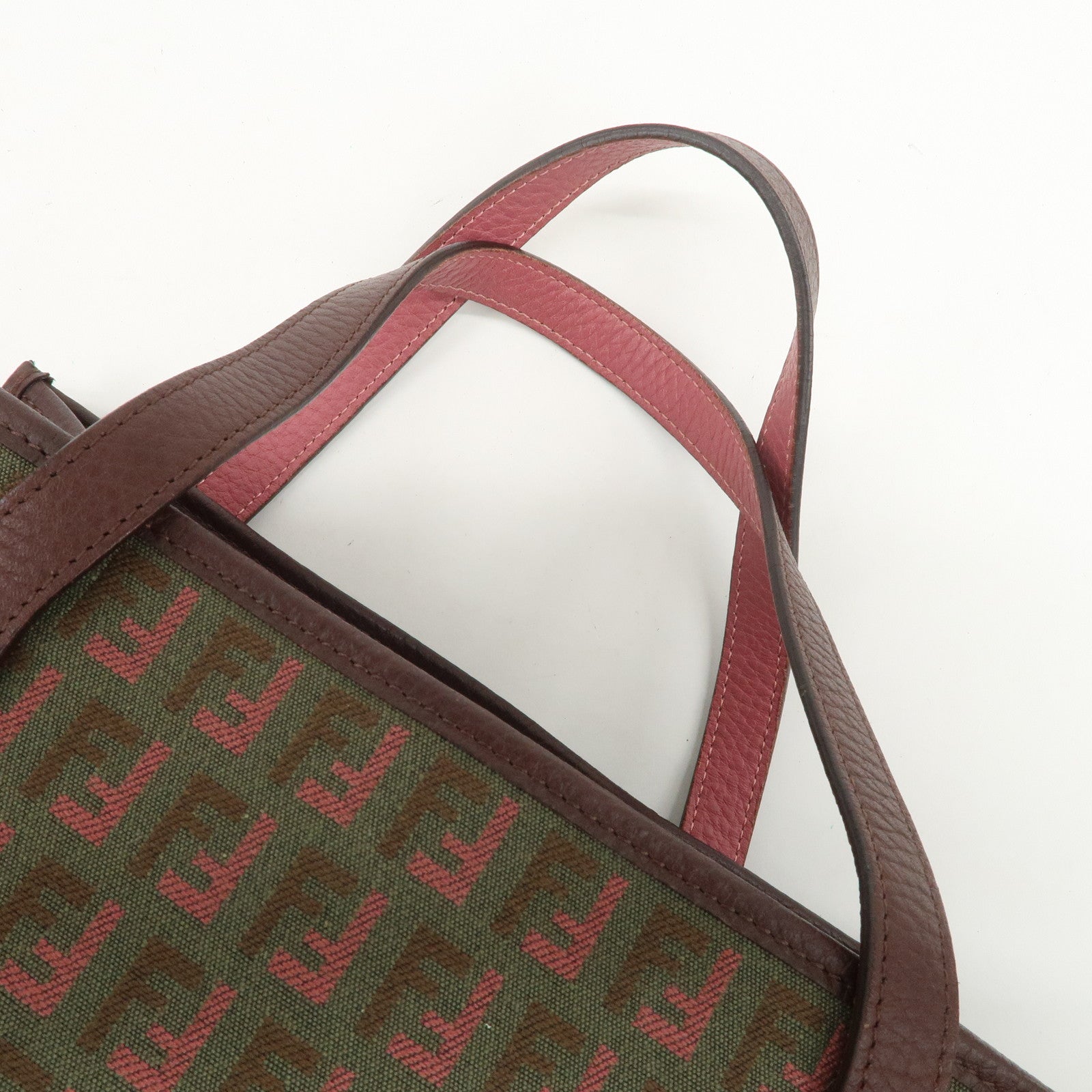 FENDI Zucchino Leather Canvas Hand Bag Khaki Bordeaux