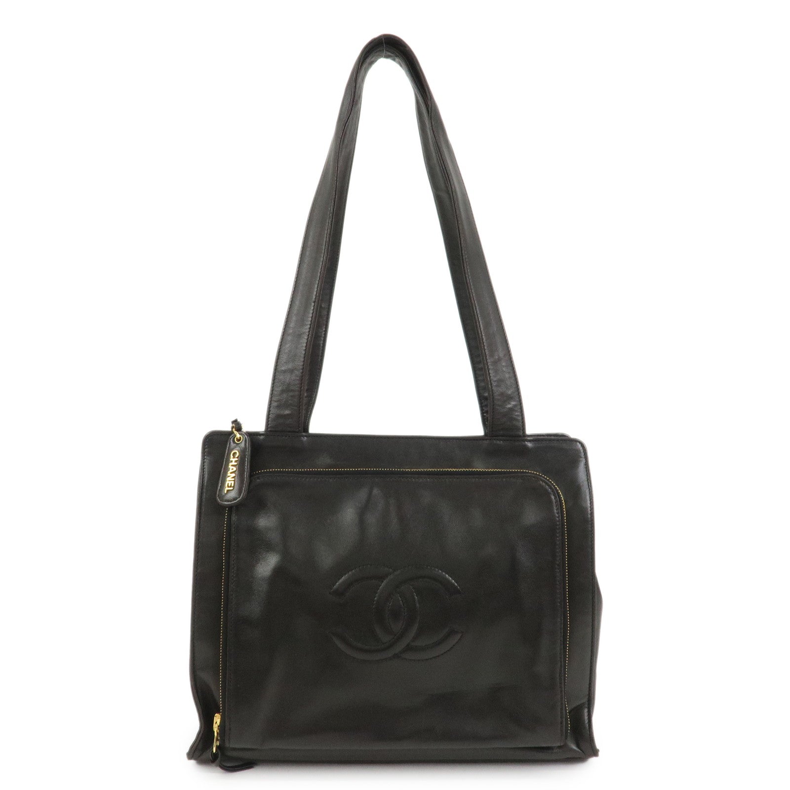 CHANEL COCO Mark Lambskin Tote Bag Shoulder Bag Dark Brown
