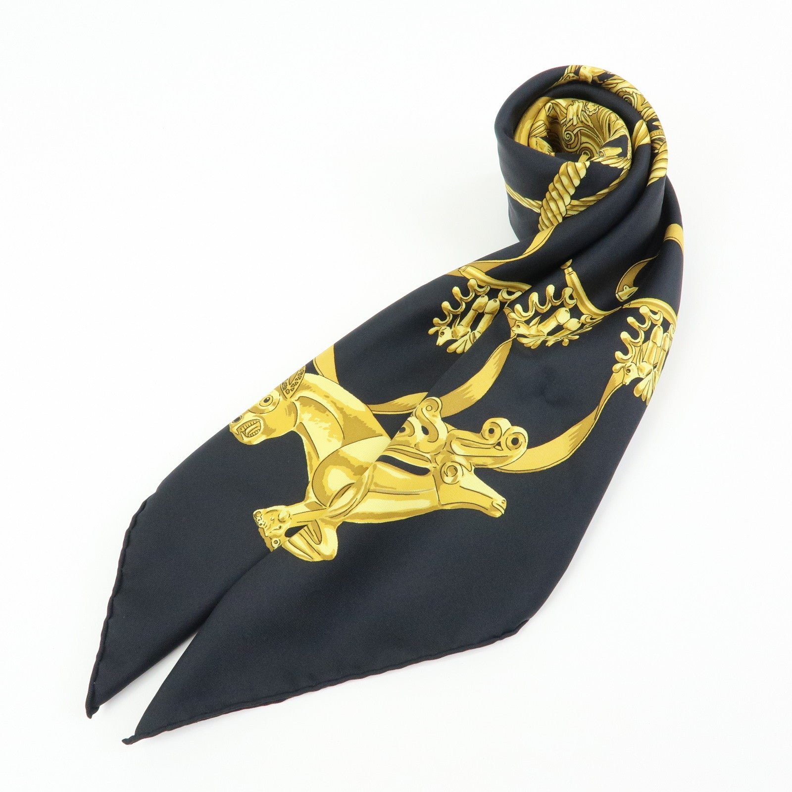 HERMES Carre 90 Silk 100% Scarf LES CAVALIERS D'OR Black Gold