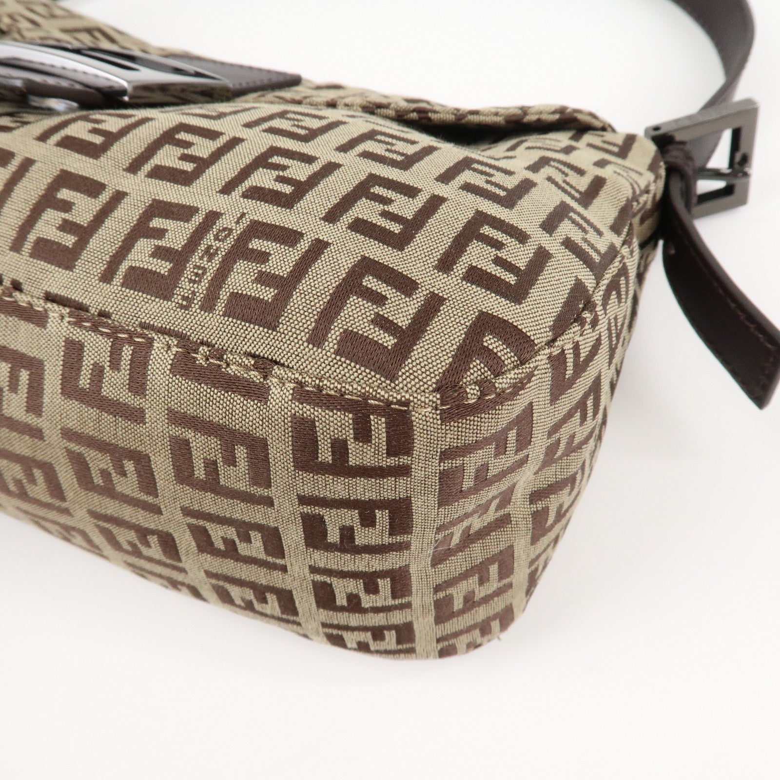 FENDI Mamma Baguette Zucchino Canvas Leather Hand Bag Brown 8BR003 Used